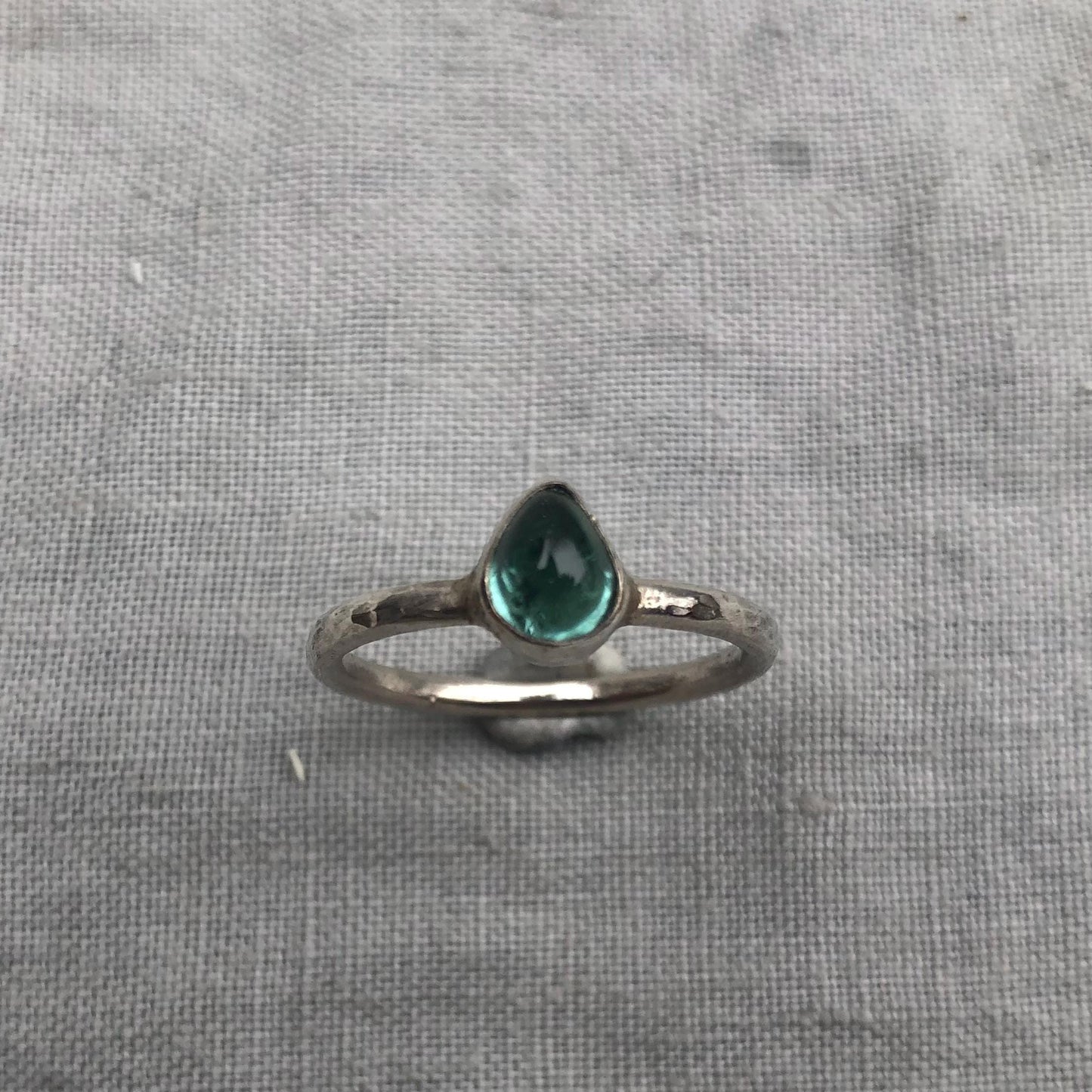 Teal teardrop tourmaline ring in argentium sterling silver, U.S. size 8 3/4
