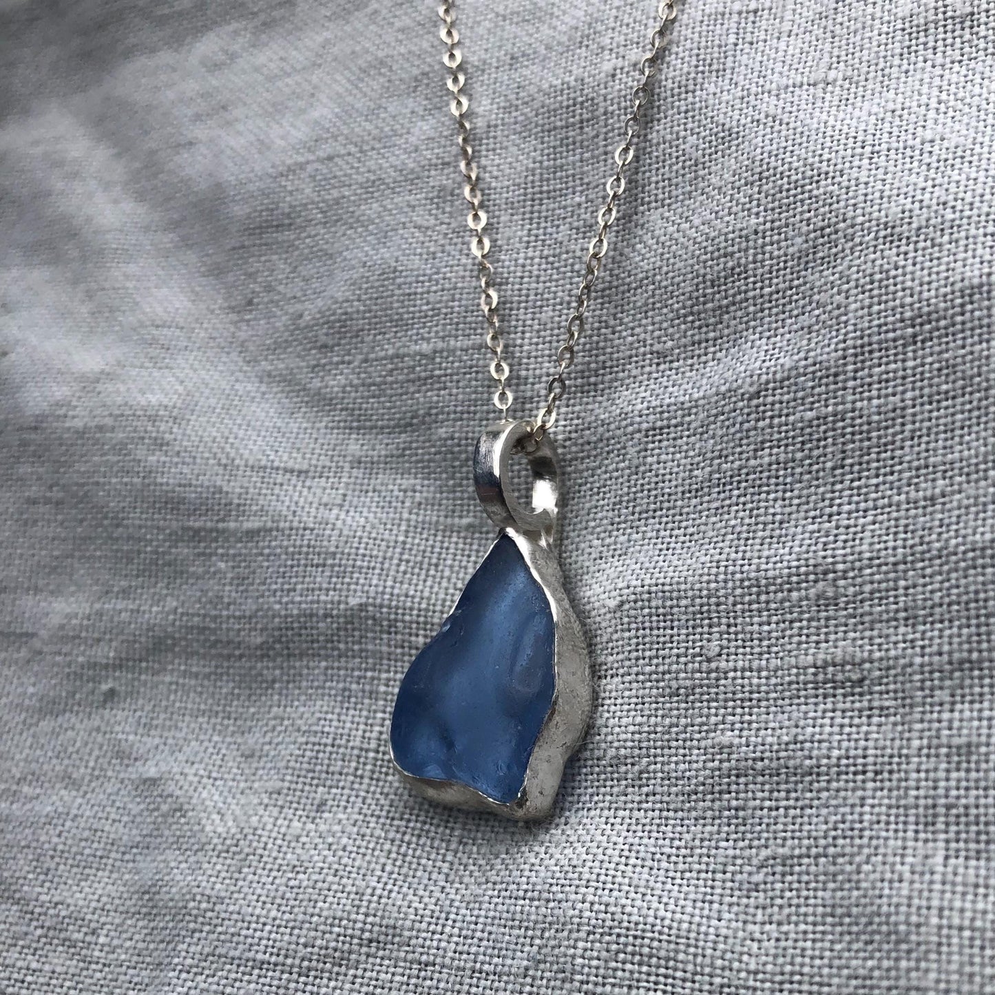Light blue sea glass pendant in argentium sterling silver // Organic genuine beach glass necklace