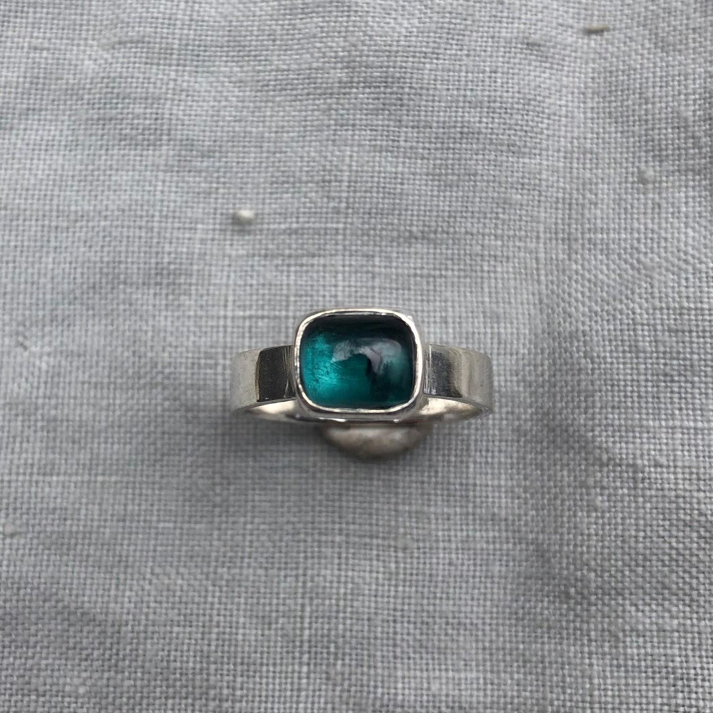 Teal green tourmaline cabochon ring in argentium sterling silver // U.S. size 6
