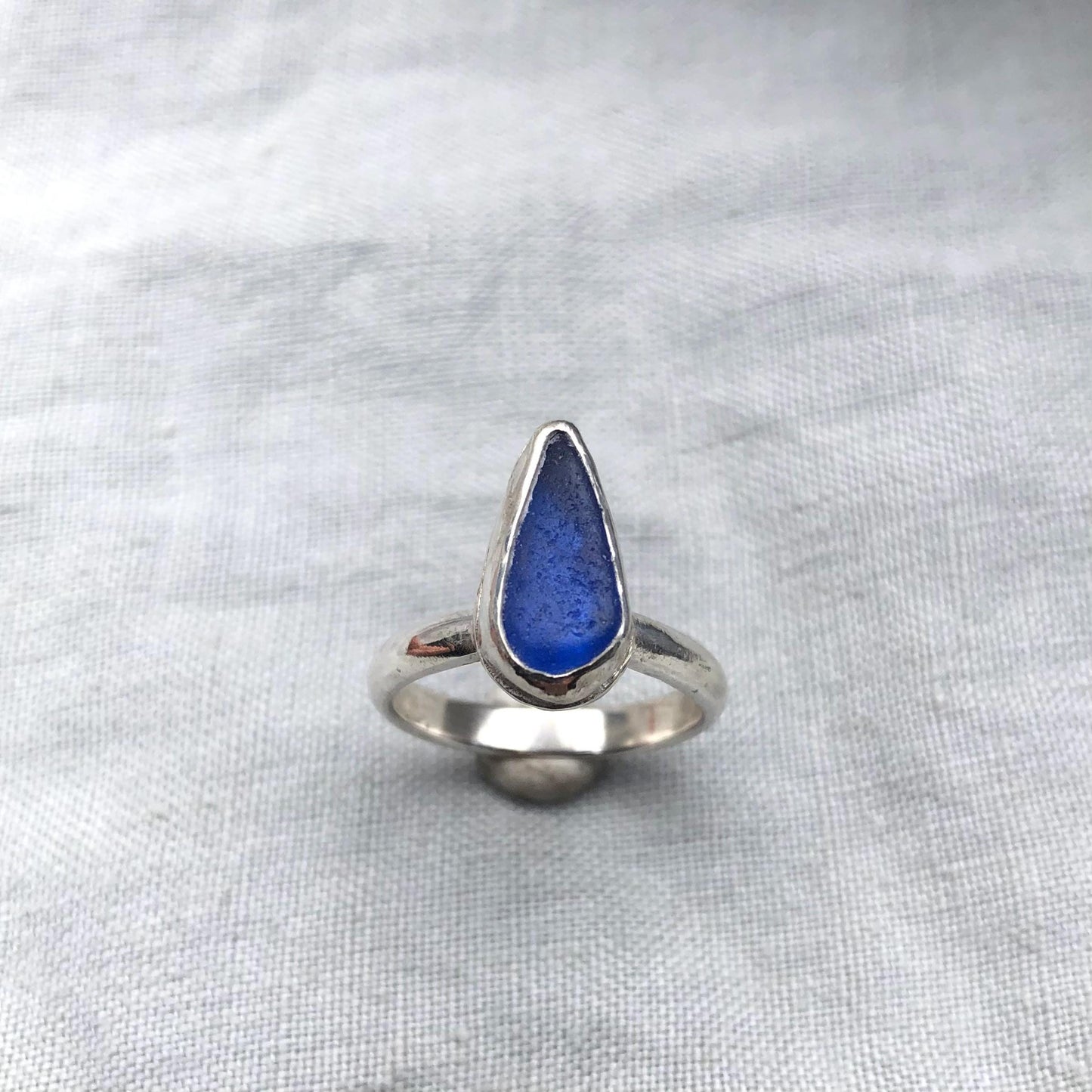 Blue sea glass ring in argentium sterling silver // Found beach glass ring // U.S. size 7