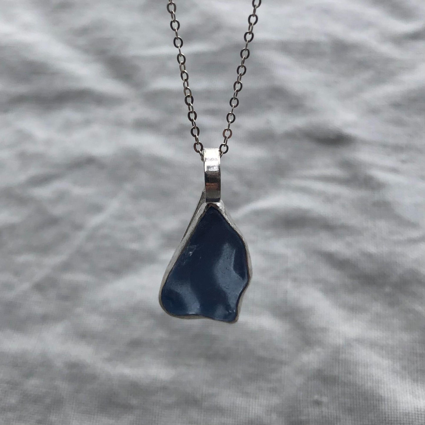 Light blue sea glass pendant in argentium sterling silver // Organic genuine beach glass necklace
