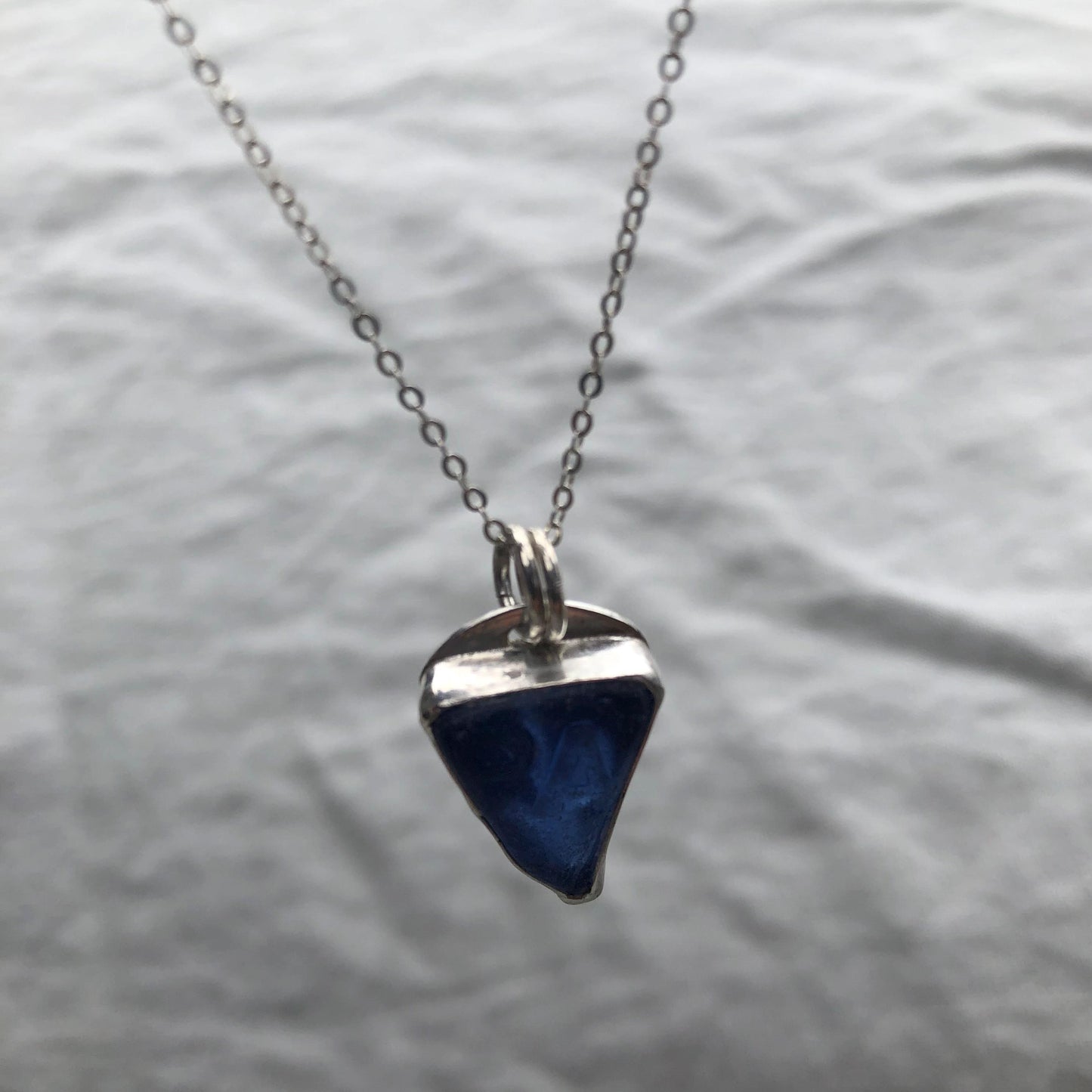 Blue sea glass pendant in argentium sterling silver // Found beach glass necklace // Patent medicine bottle sea glass necklace