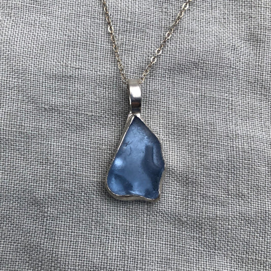 Light blue sea glass pendant in argentium sterling silver // Organic genuine beach glass necklace