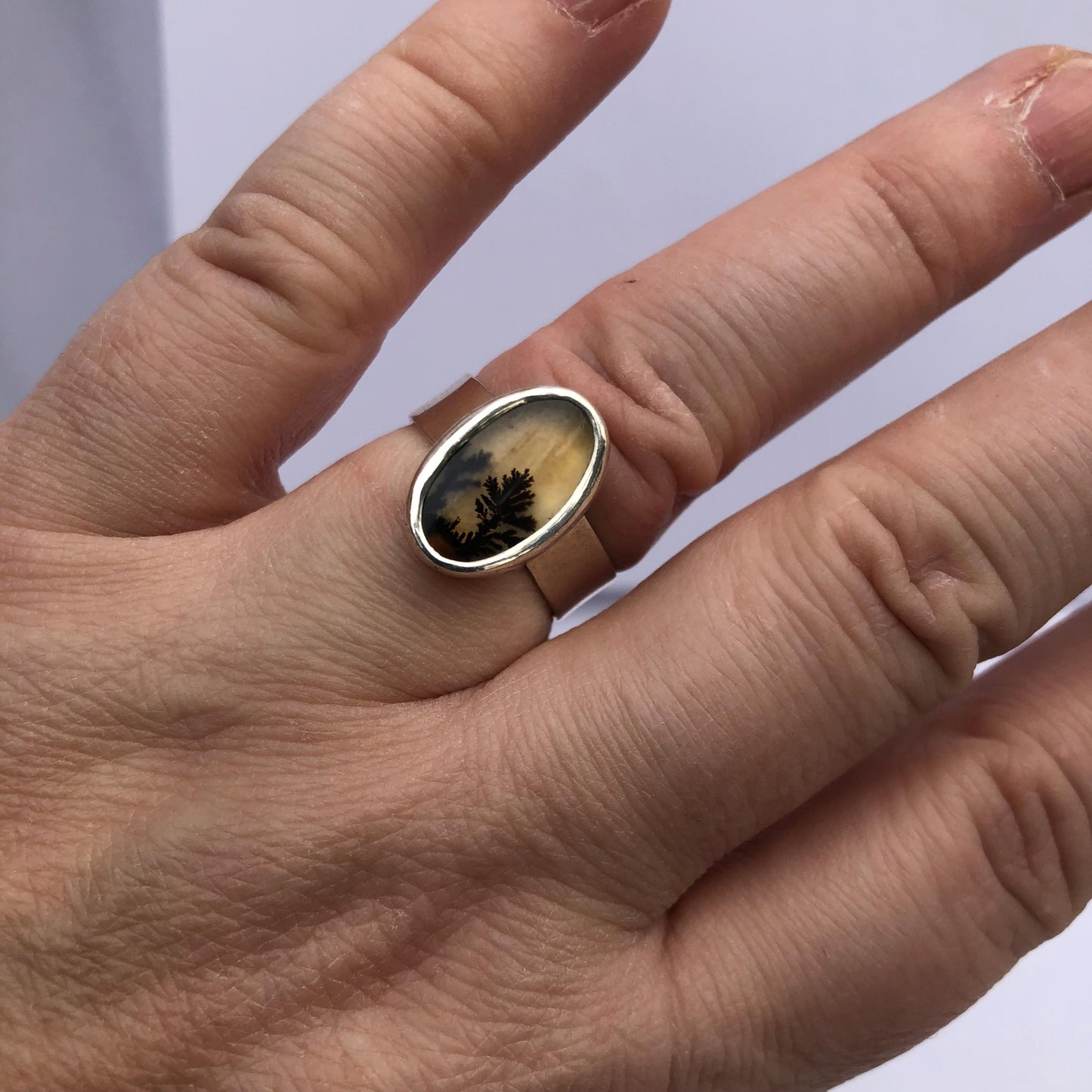 Dendritic agate ring in argentium sterling silver, size 7 1/4