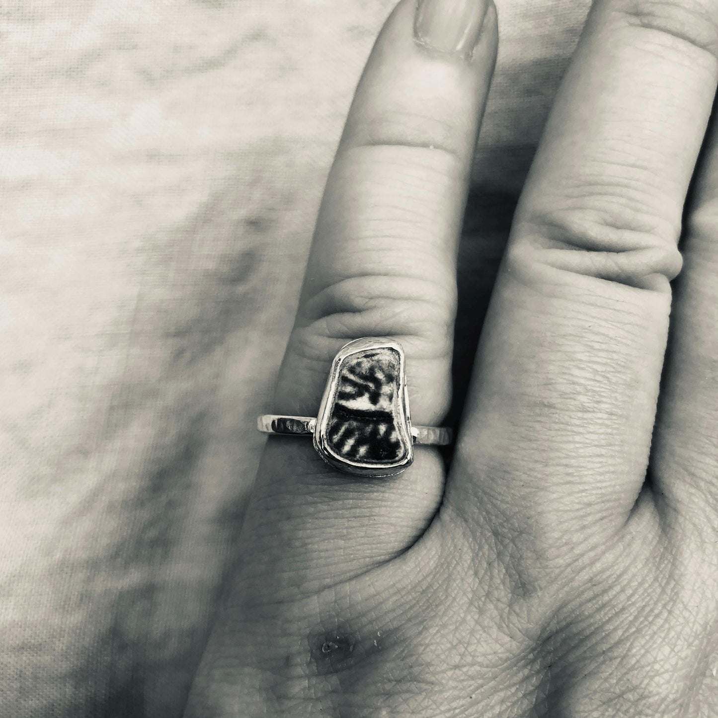 Blue and white sea pottery ring in argentium sterling silver // Beach found ceramic ring // U.S. size 6 1/4