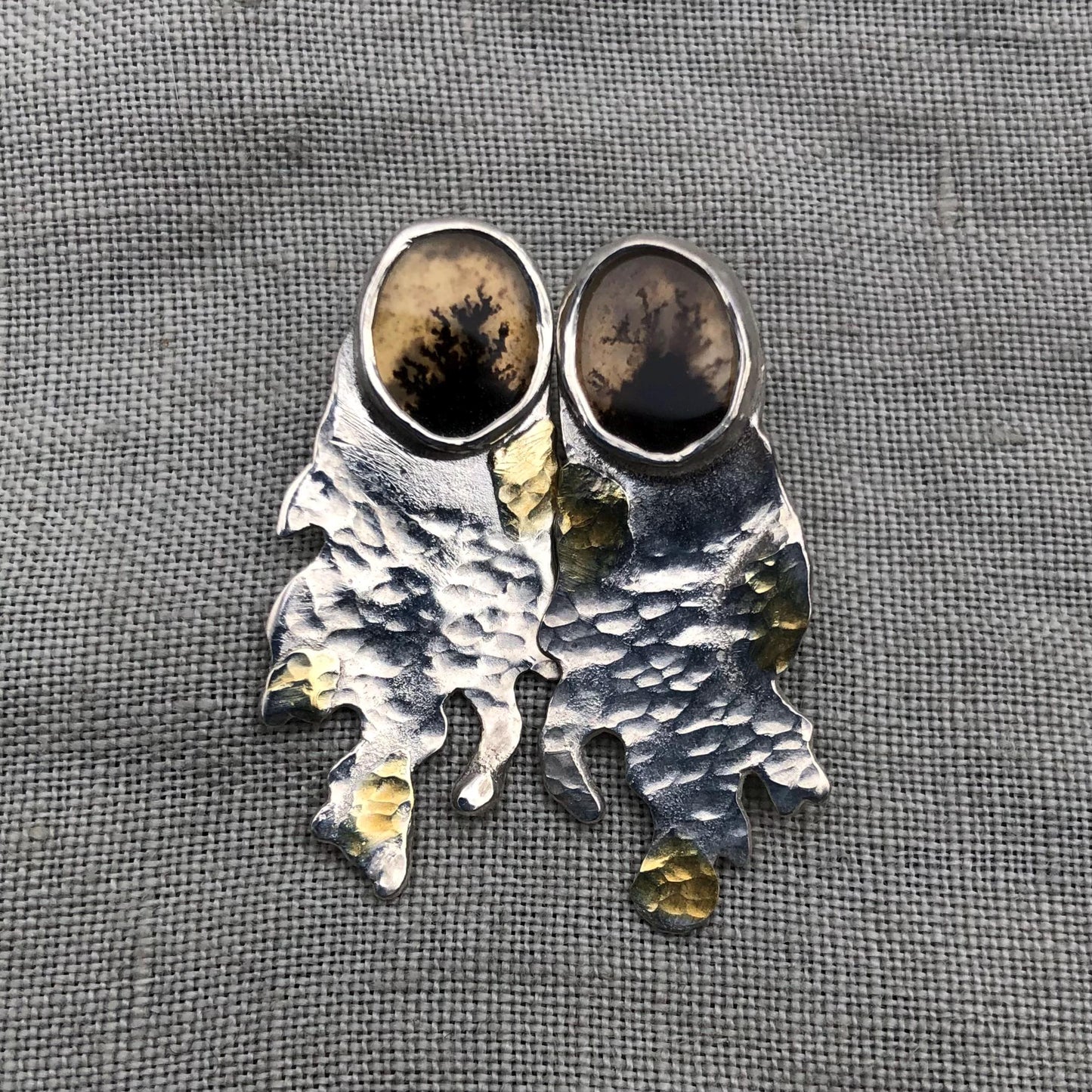 Mixed-metal dendritic agate earrings in argentium sterling silver and 24 karat gold with high-quality scenic stones