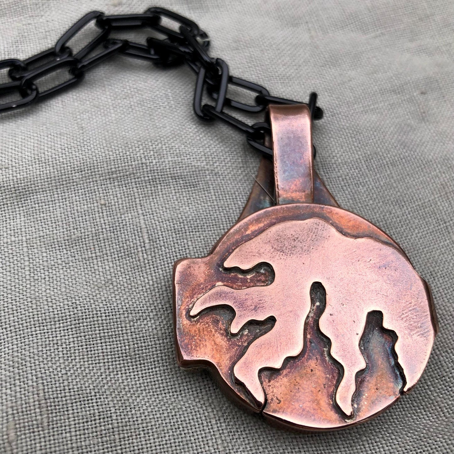 Fiber Artist's Locket in copper with an anodized aluminum chain