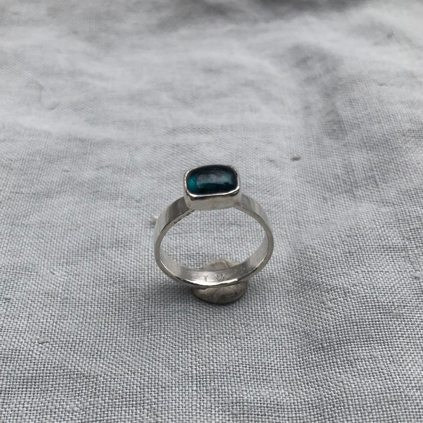 Teal green tourmaline cabochon ring in argentium sterling silver // U.S. size 6