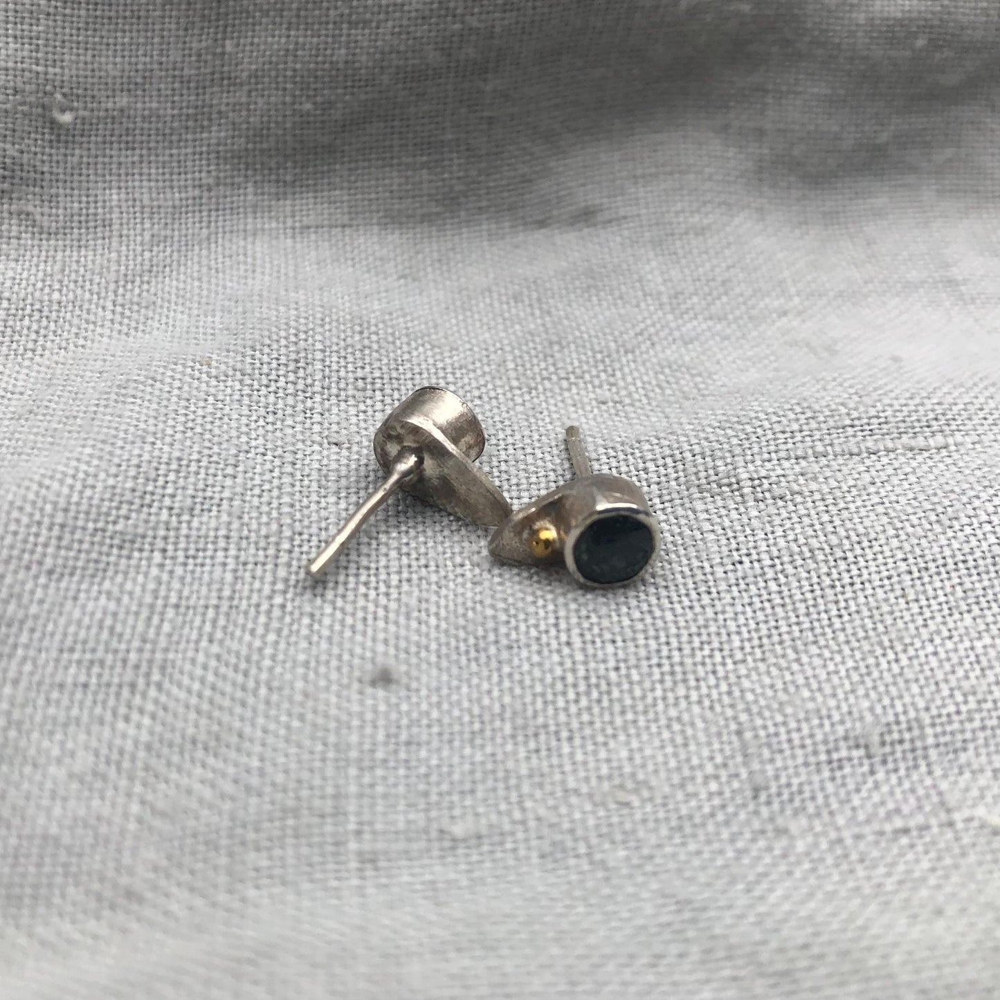 Natural earth-mined sapphire stud earrings in argentium sterling silver and 24 karat gold