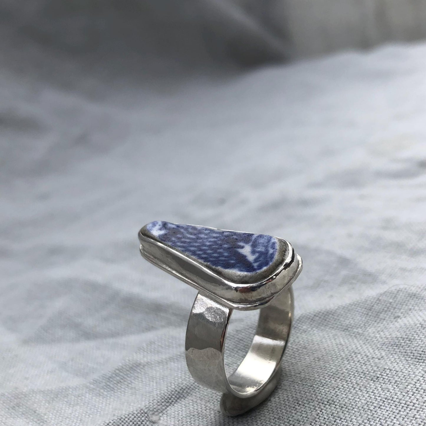 Blue and white sea pottery ring in argentium sterling silver // Wide band sea pottery ring // U.S. size 7 1/2