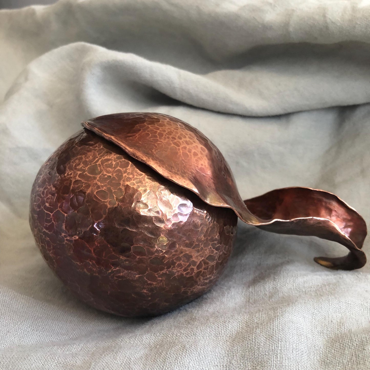 Sculptural hammered copper jar with lid // Hammer-raised round jar // Angle-raised copper vessel // Globe Urn