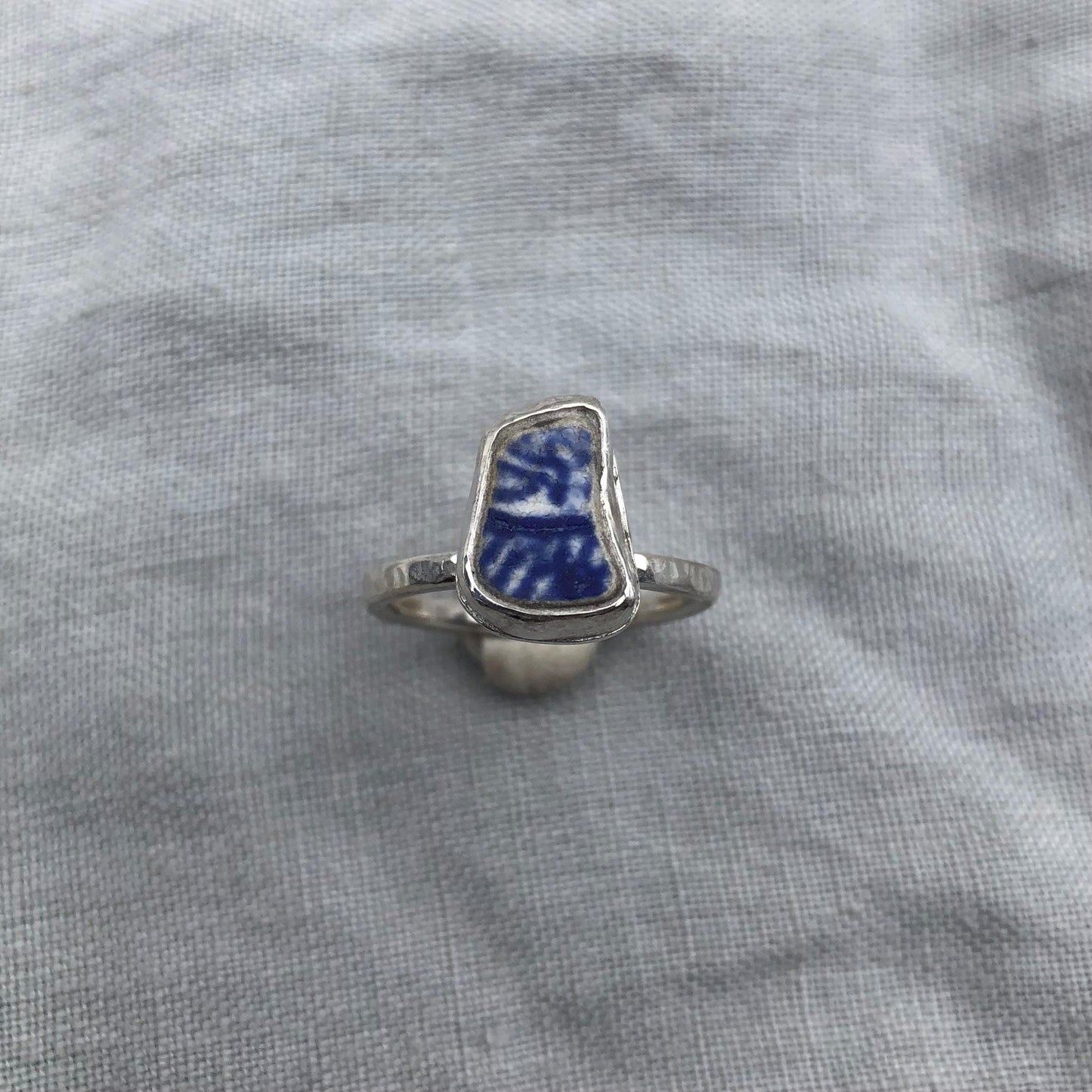 Blue and white sea pottery ring in argentium sterling silver // Beach found ceramic ring // U.S. size 6 1/4