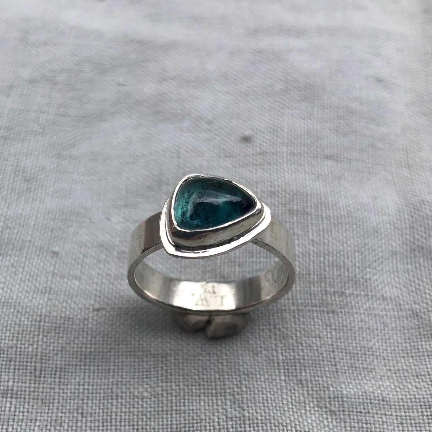Teal blue-green tourmaline cabochon ring in argentium sterling silver // U.S. size 7
