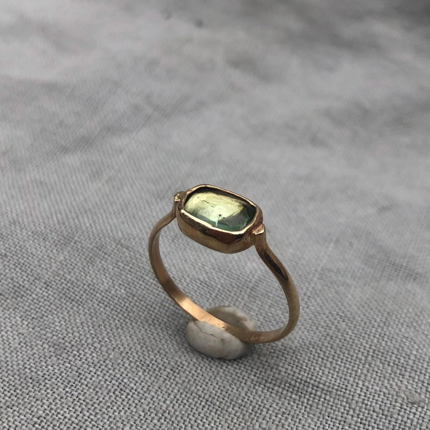 Solid gold green tourmaline ring // U.S. size 6 1/2 // October birthstone ring // Pear green tourmaline ring