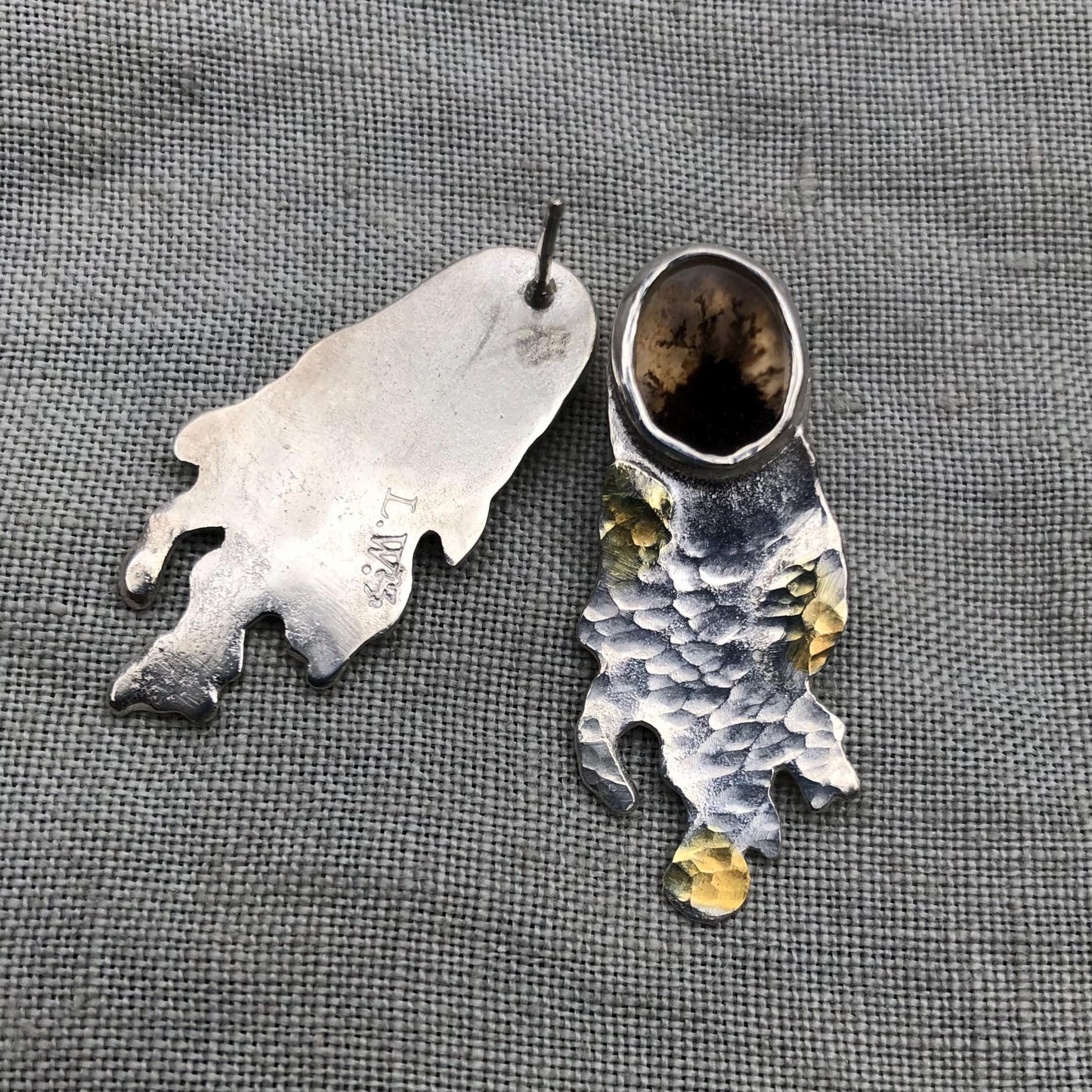 Mixed-metal dendritic agate earrings in argentium sterling silver and 24 karat gold with high-quality scenic stones