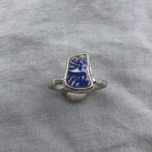 Blue and white sea pottery ring in argentium sterling silver // Beach found ceramic ring // U.S. size 6 1/4