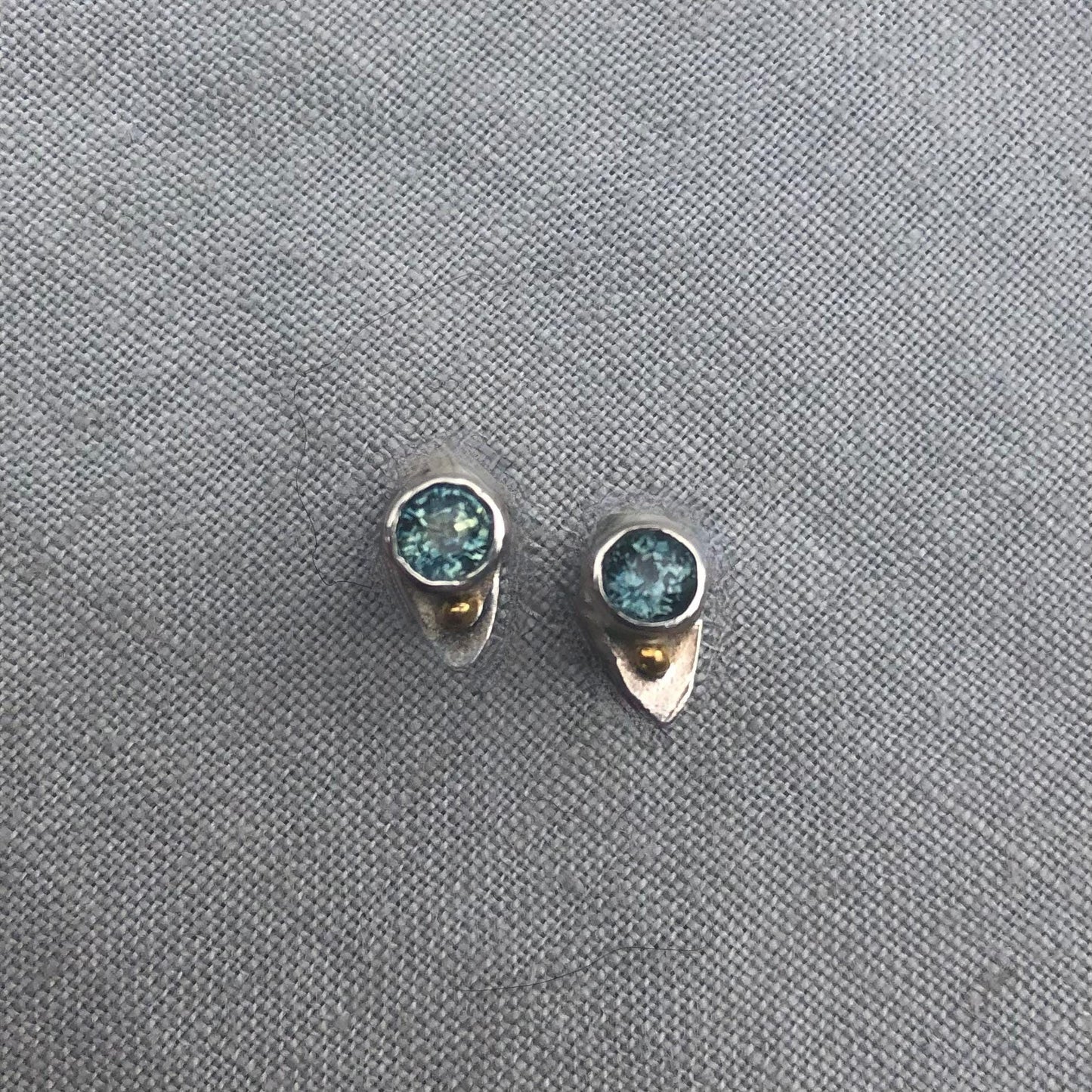 Natural earth-mined sapphire stud earrings in argentium sterling silver and 24 karat gold