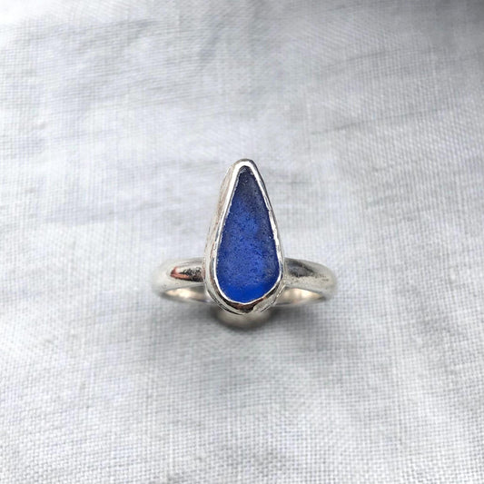 Blue sea glass ring in argentium sterling silver // Found beach glass ring // U.S. size 7