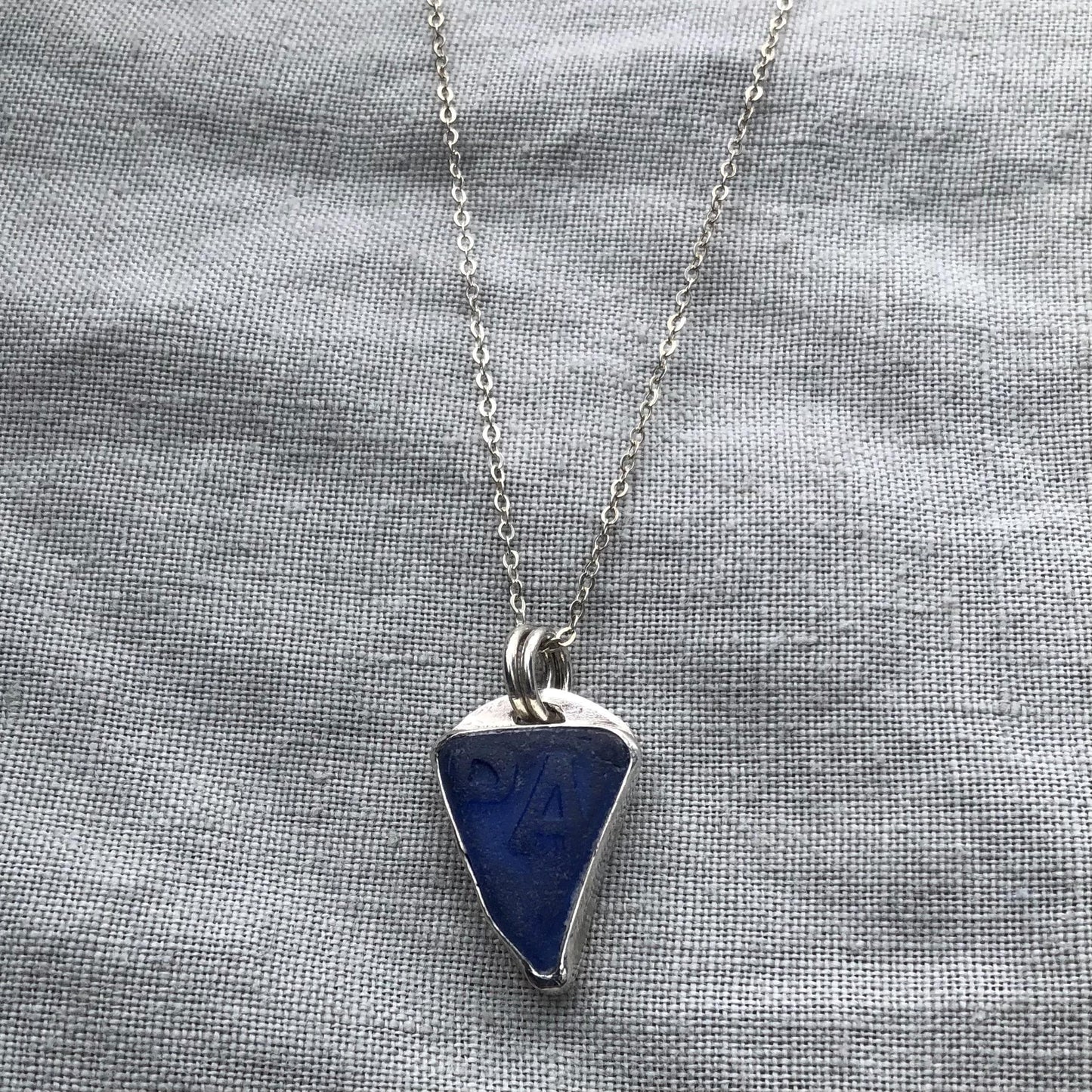 Blue sea glass pendant in argentium sterling silver // Found beach glass necklace // Patent medicine bottle sea glass necklace