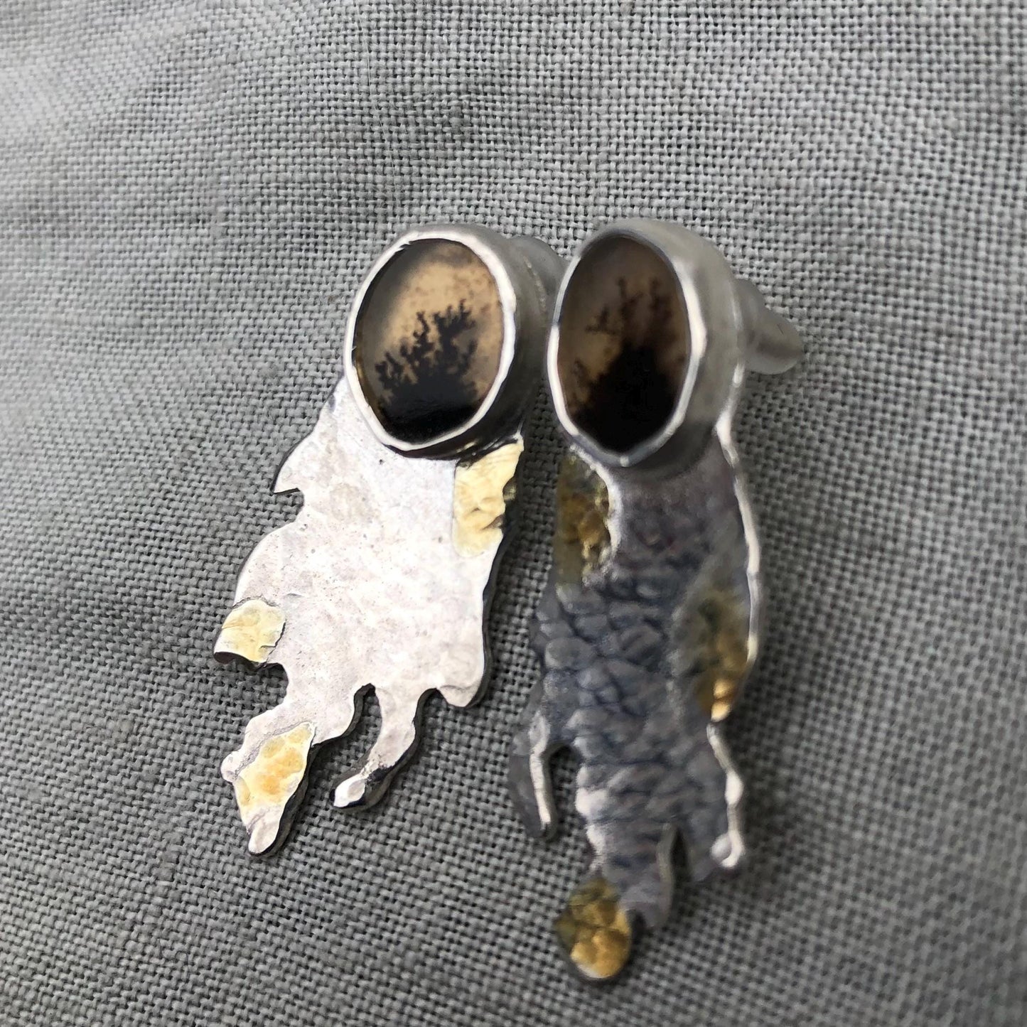 Mixed-metal dendritic agate earrings in argentium sterling silver and 24 karat gold with high-quality scenic stones