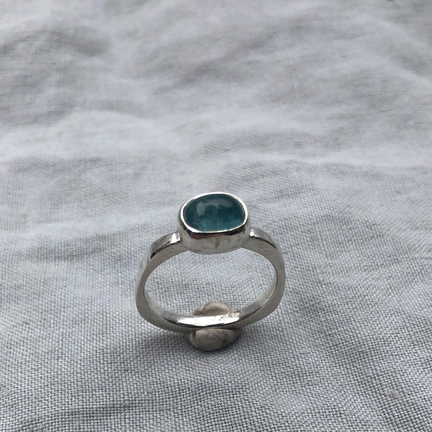 Lagoon blue tourmaline cabochon ring in argentium sterling silver // Sky blue tourmaline ring // U.S. size 8 1/2
