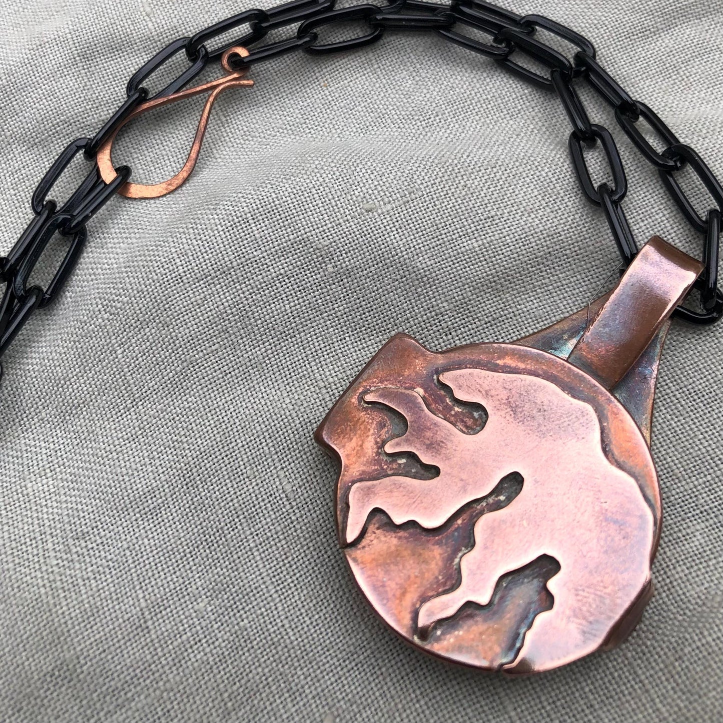 Fiber Artist's Locket in copper with an anodized aluminum chain