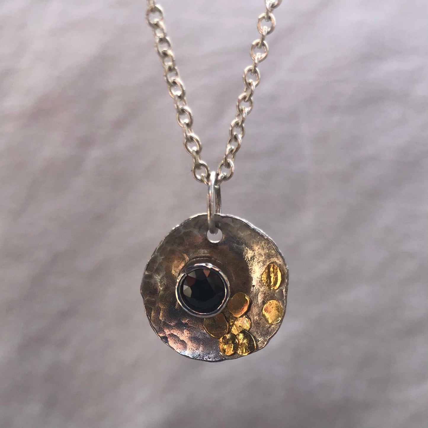 Natural earth-mined sapphire pendant in argentium silver and 24 karat gold