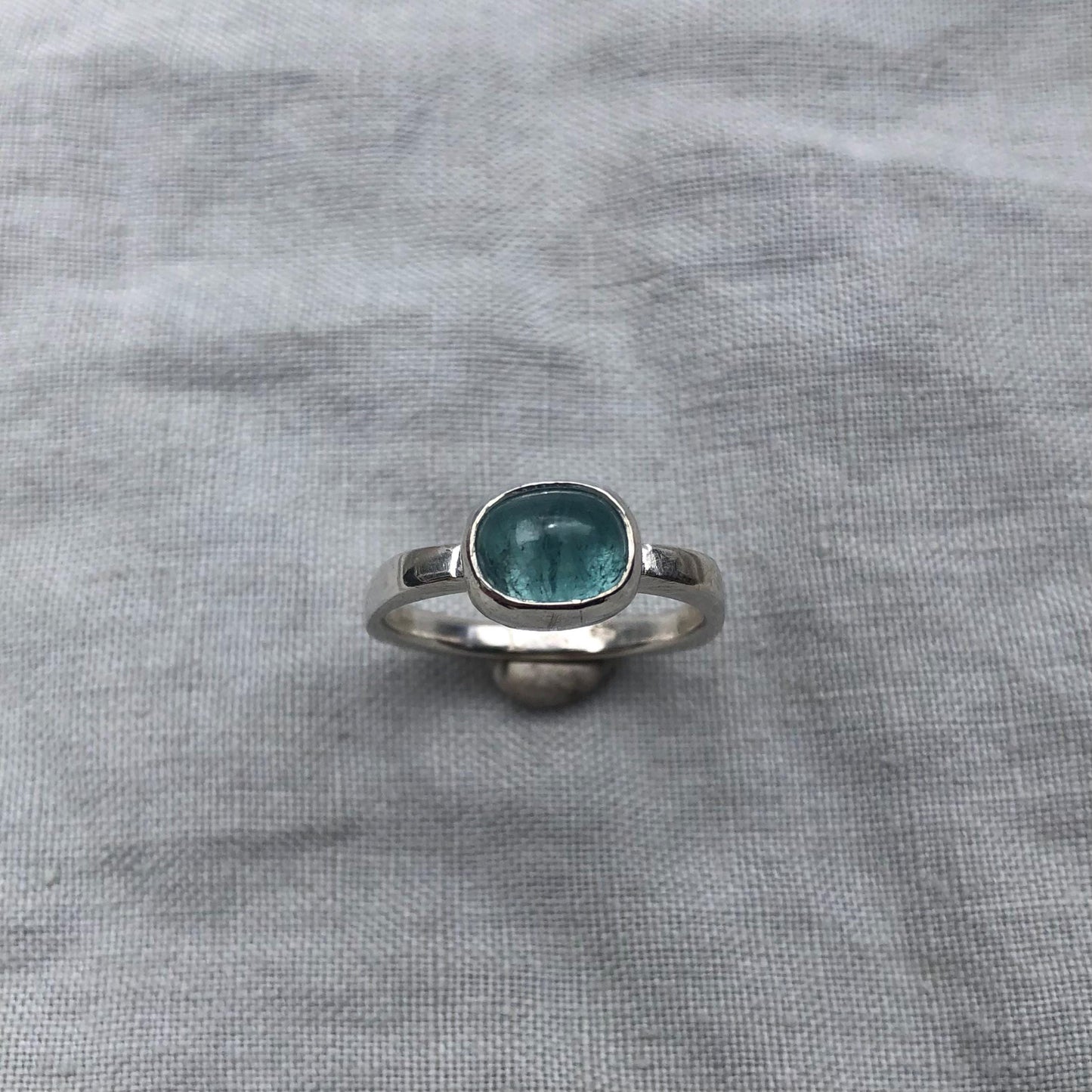Lagoon blue tourmaline cabochon ring in argentium sterling silver // Sky blue tourmaline ring // U.S. size 8 1/2