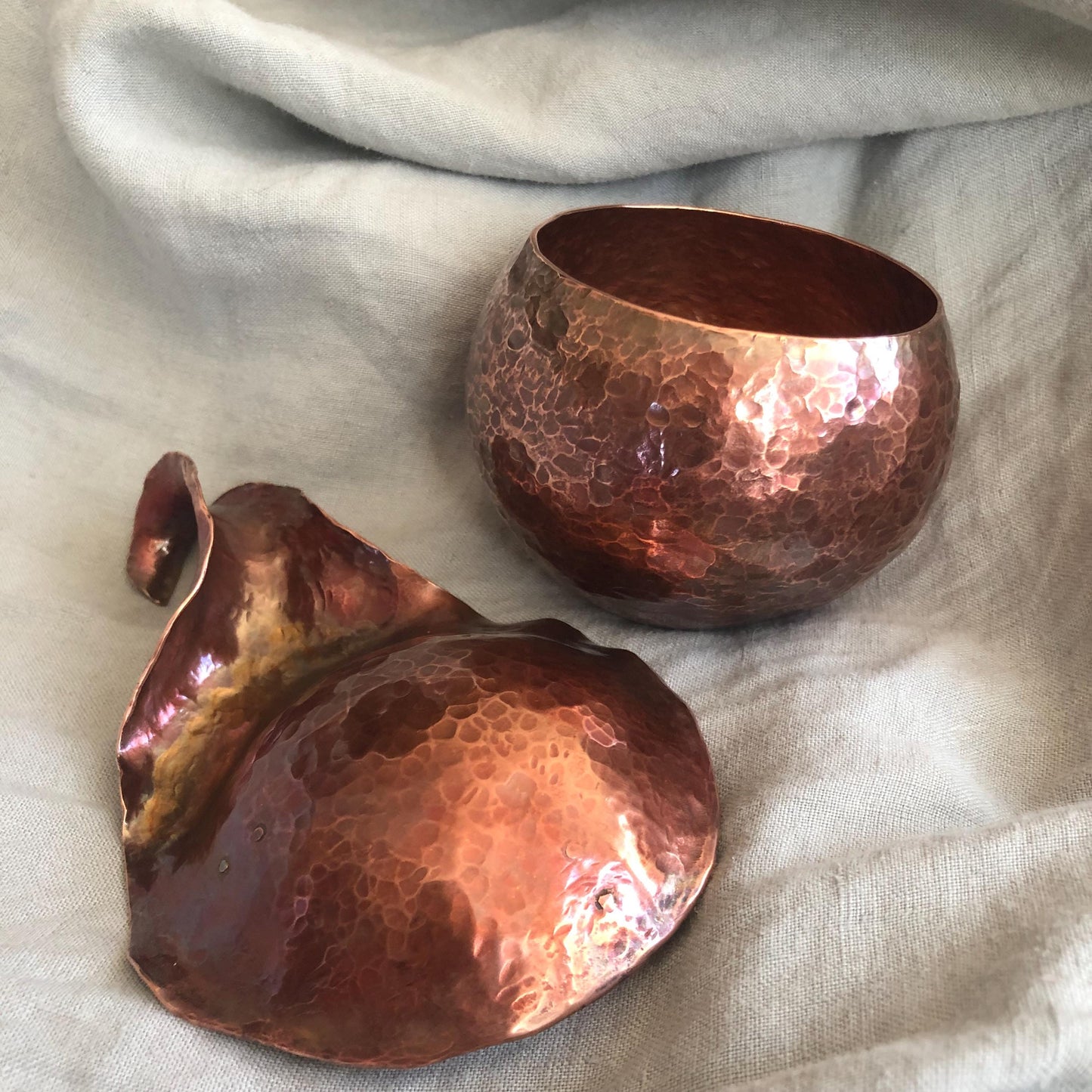 Sculptural hammered copper jar with lid // Hammer-raised round jar // Angle-raised copper vessel // Globe Urn