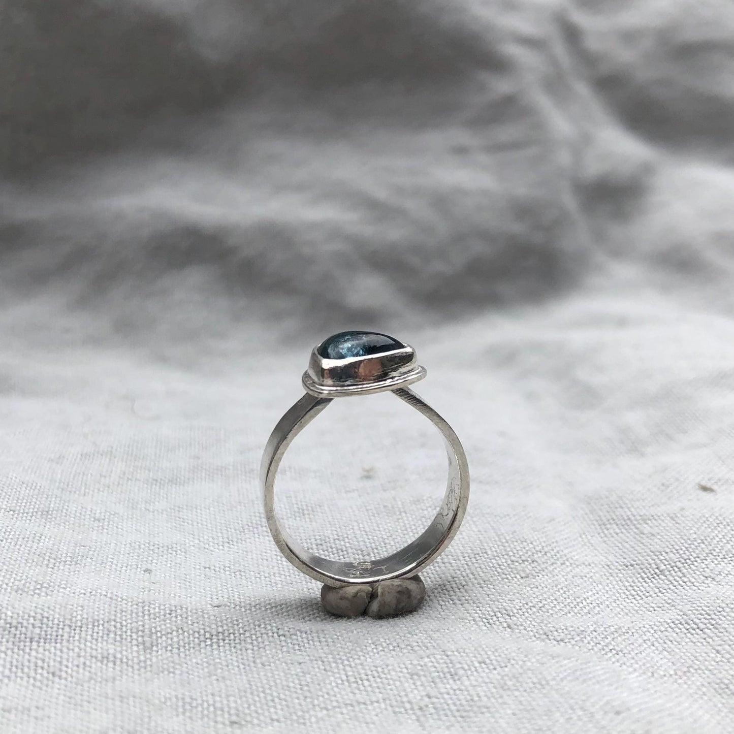 Teal blue-green tourmaline cabochon ring in argentium sterling silver // U.S. size 7