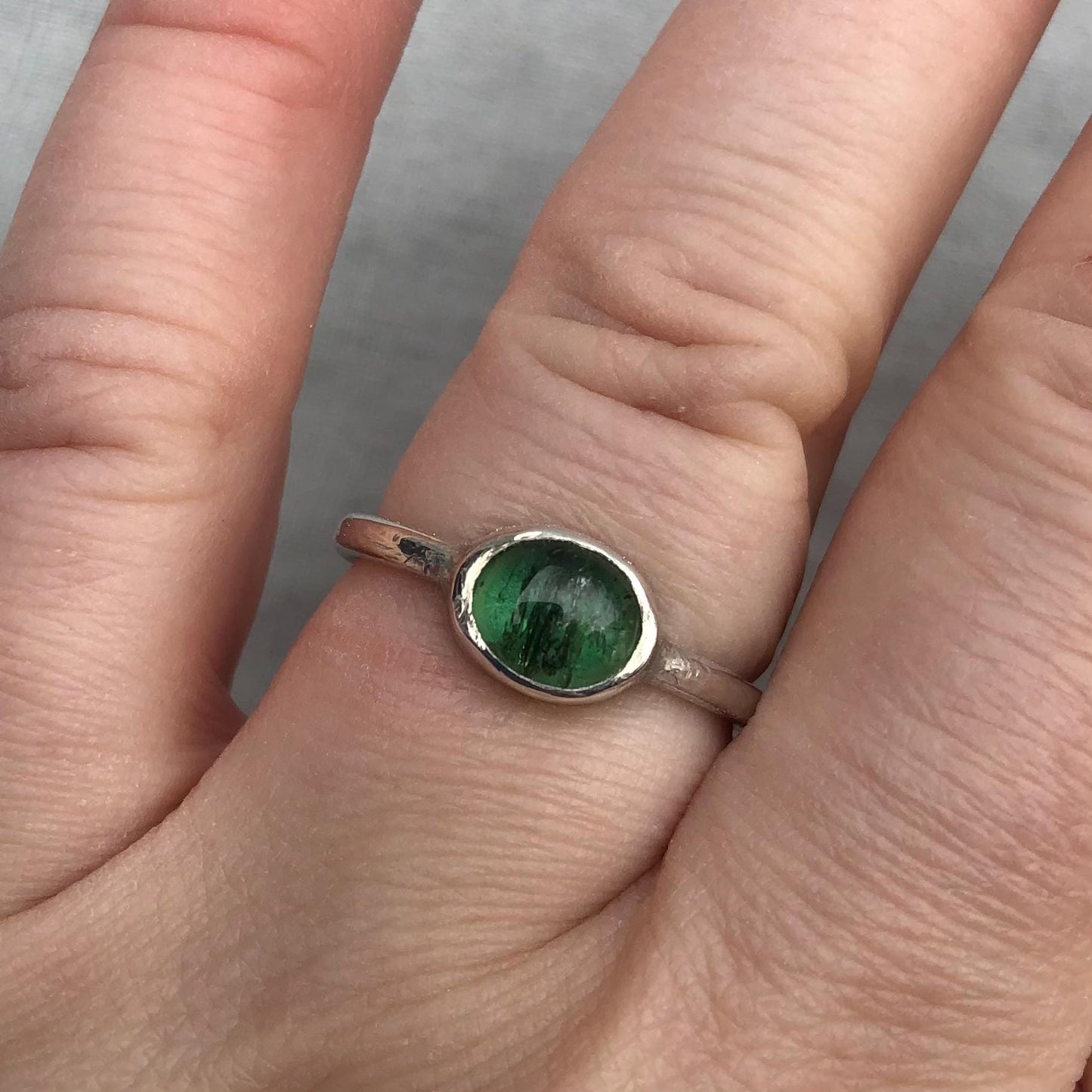 Green tourmaline ring in argentium sterling silver // U.S. size 8 1/2