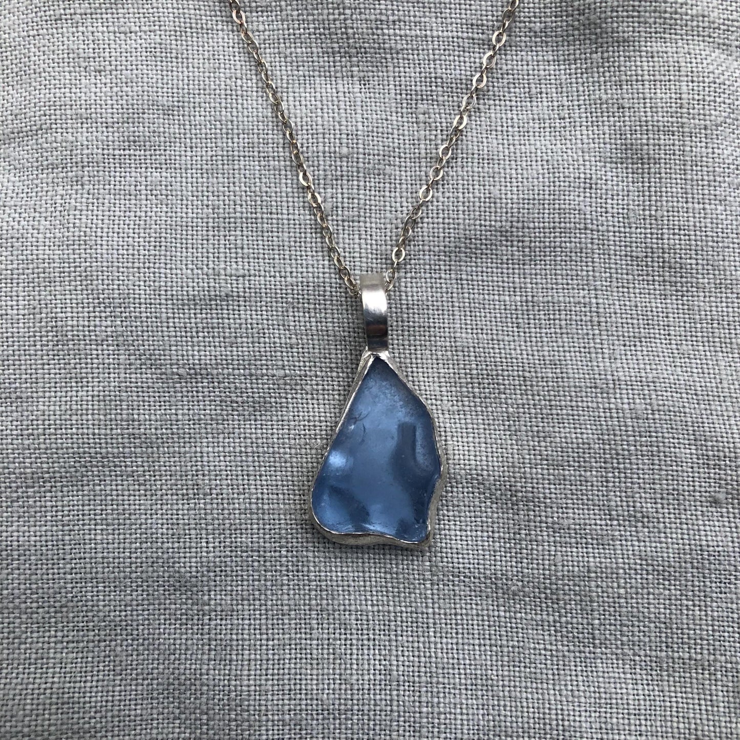 Light blue sea glass pendant in argentium sterling silver // Organic genuine beach glass necklace