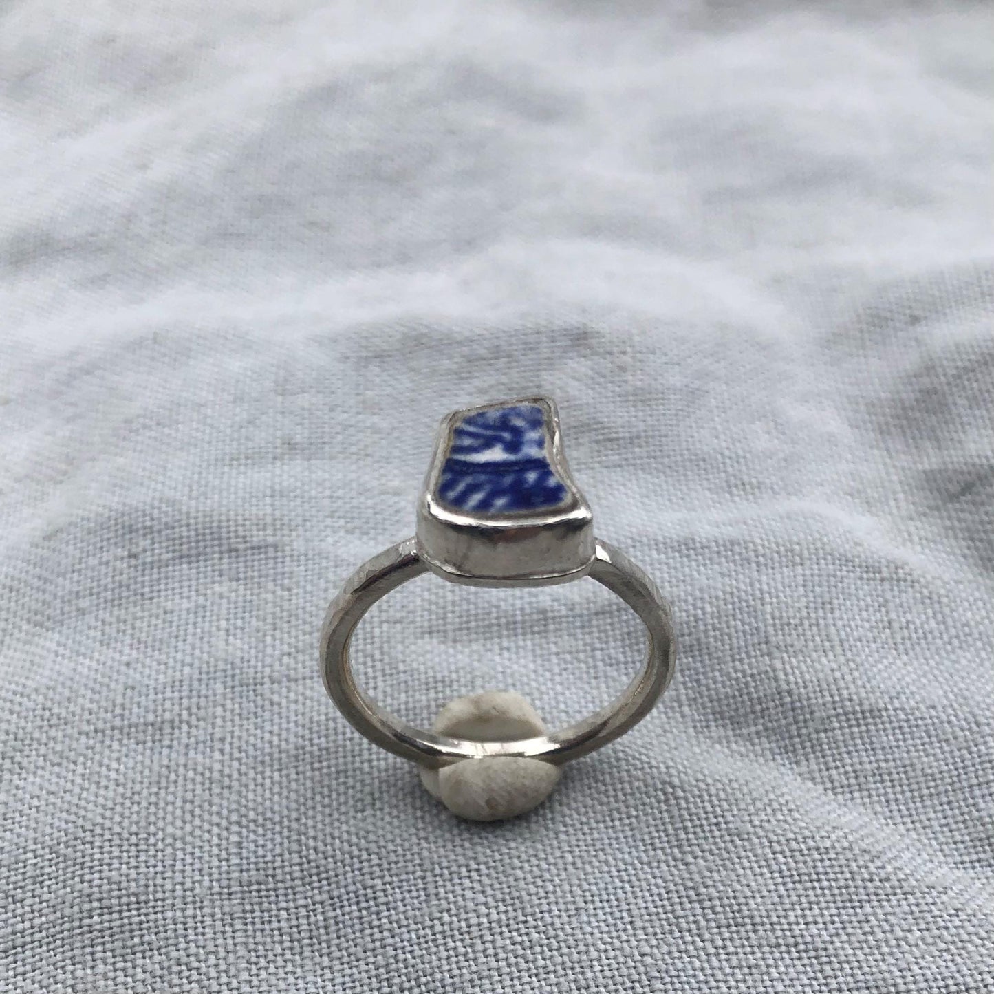 Blue and white sea pottery ring in argentium sterling silver // Beach found ceramic ring // U.S. size 6 1/4