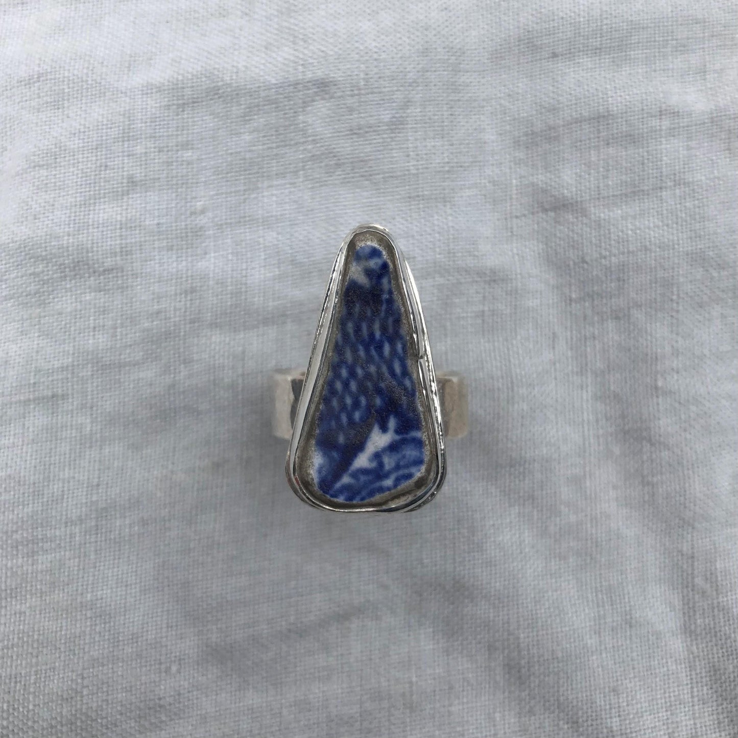 Blue and white sea pottery ring in argentium sterling silver // Wide band sea pottery ring // U.S. size 7 1/2