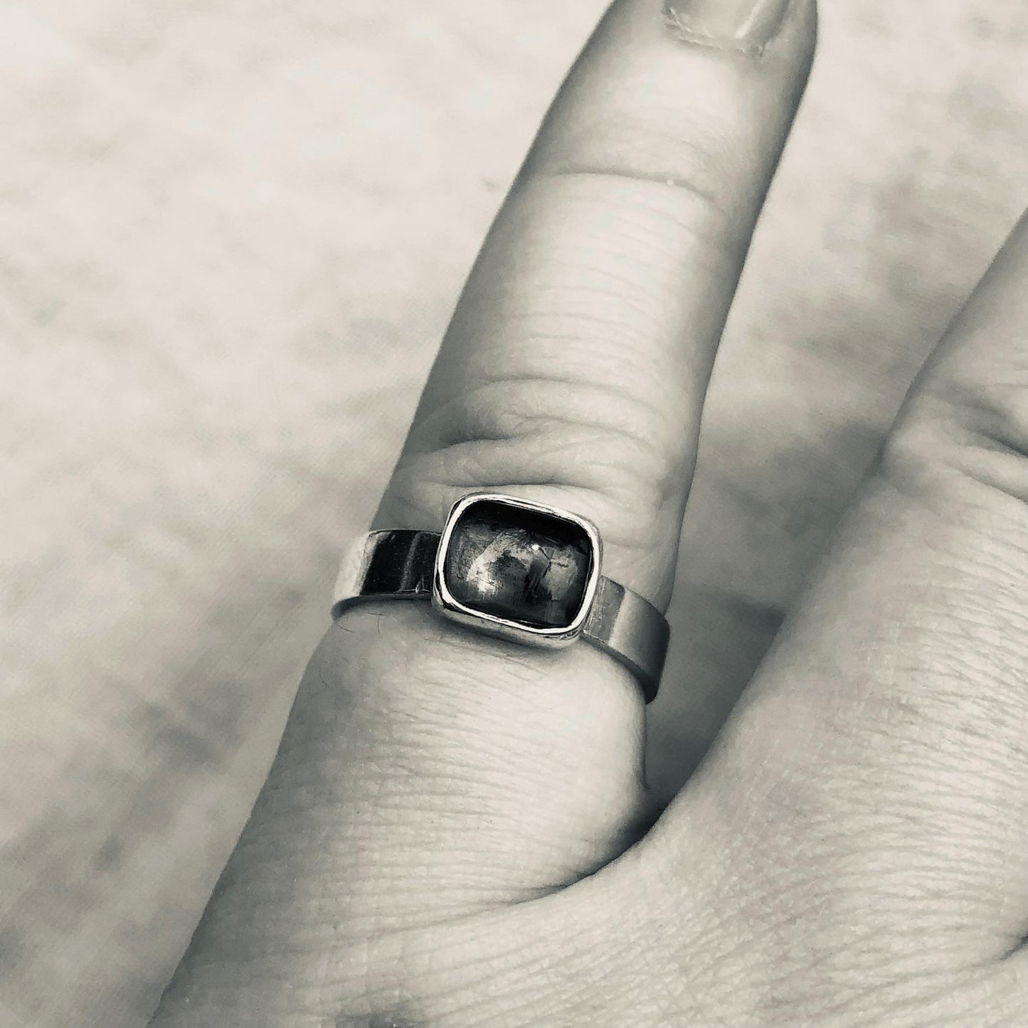 Teal green tourmaline cabochon ring in argentium sterling silver // U.S. size 6