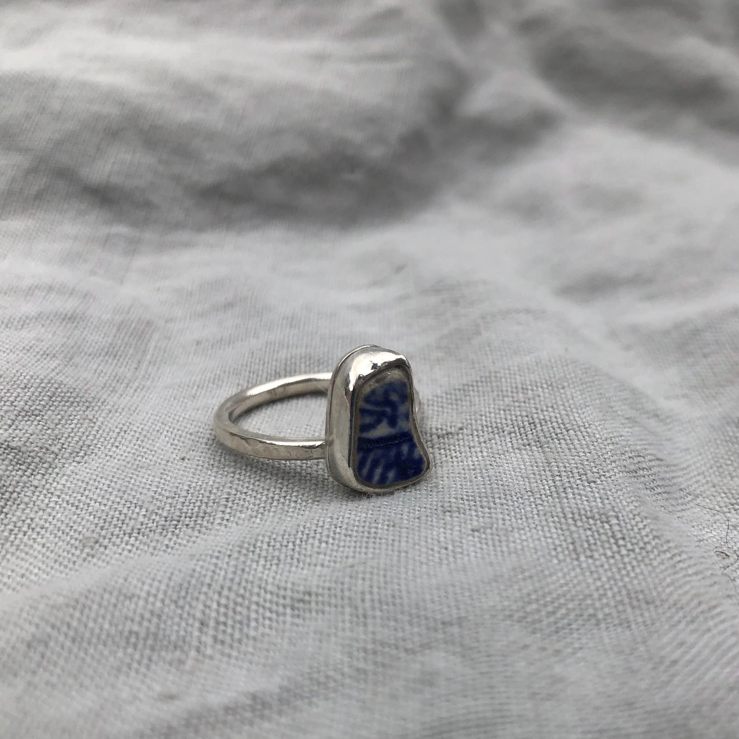 Blue and white sea pottery ring in argentium sterling silver // Beach found ceramic ring // U.S. size 6 1/4