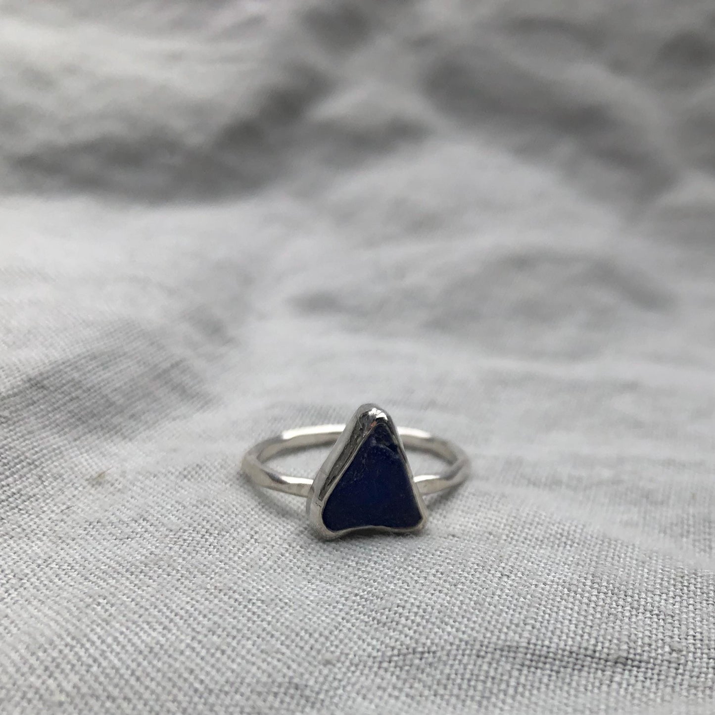 Electric blue sea glass ring in argentium sterling silver // Found beach glass ring // U.S. size 7 1/2