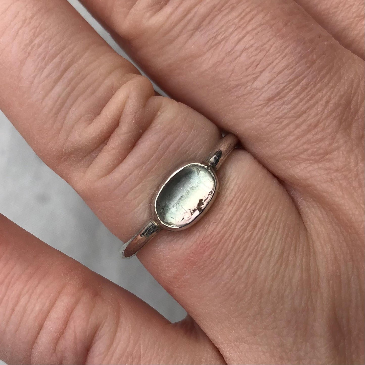 Light watermelon tourmaline cabochon ring in argentium sterling silver, U.S. size 8