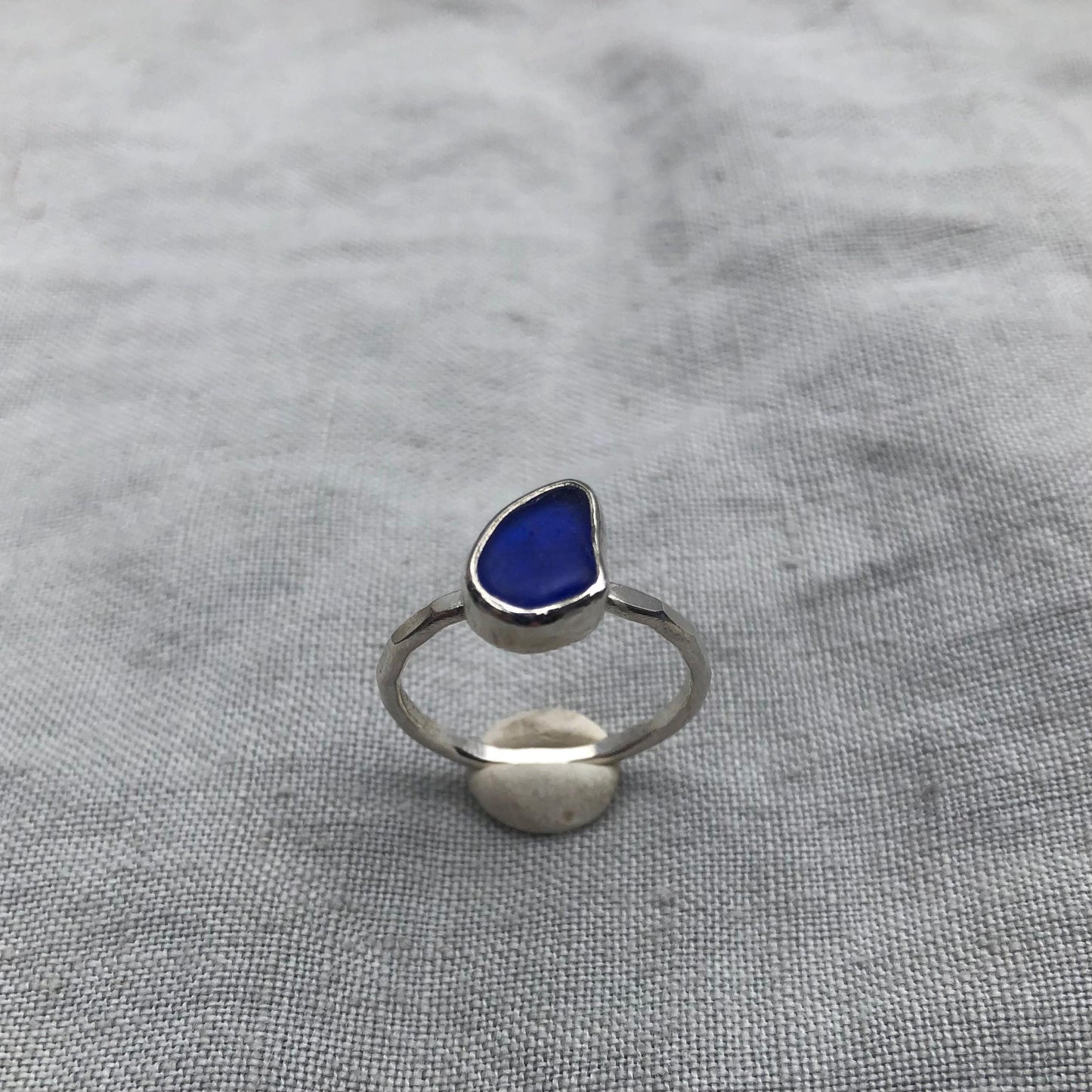 Electric blue sea glass ring in argentium sterling silver // Found beach glass ring // U.S. size 6 1/2