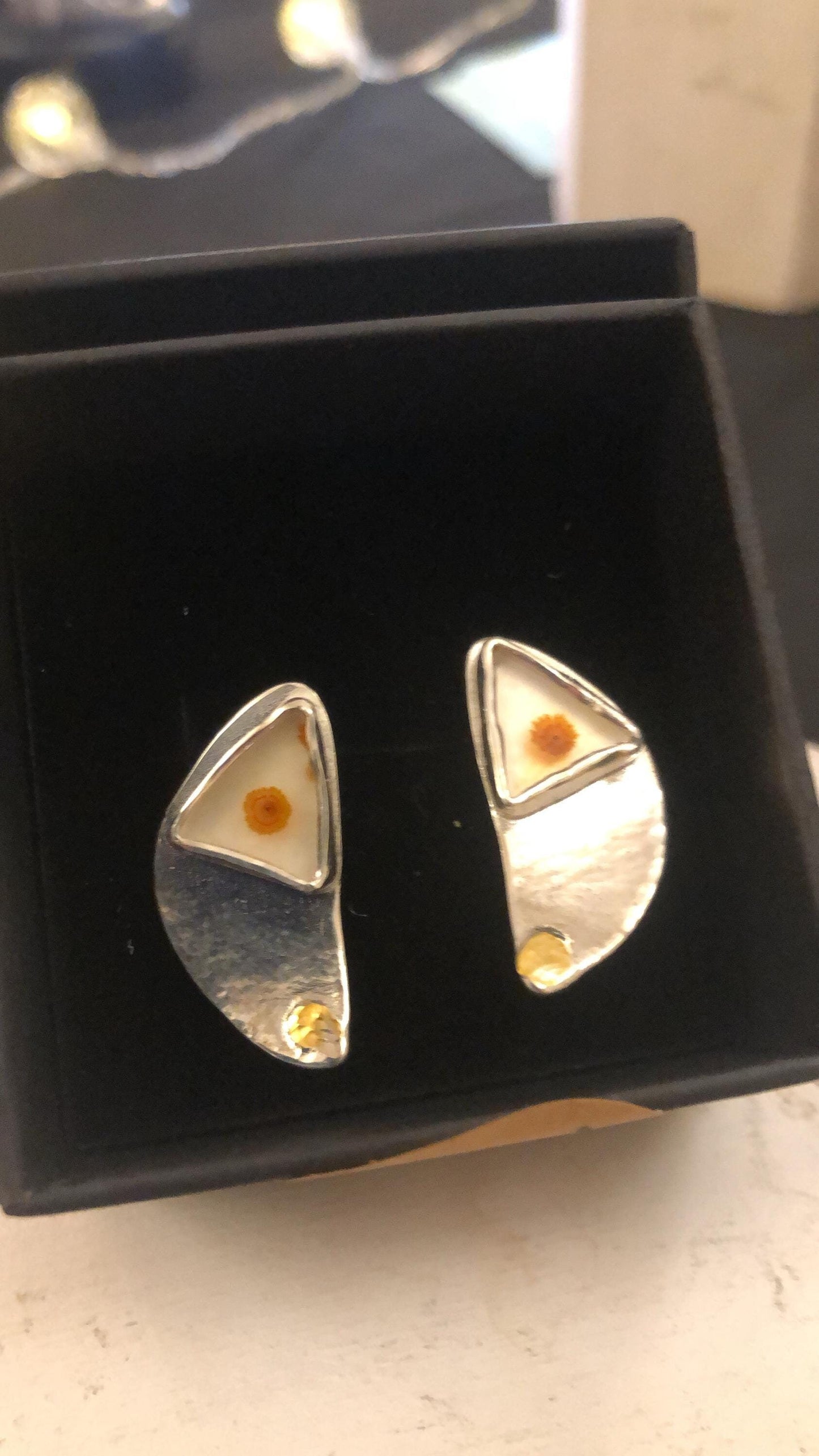 Mixed-metal dendritic agate earrings in argentium sterling silver with 24 karat gold