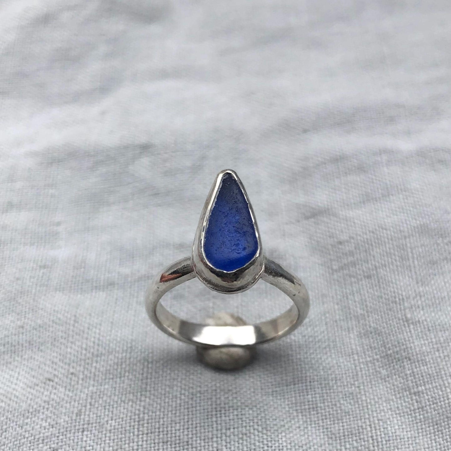 Blue sea glass ring in argentium sterling silver // Found beach glass ring // U.S. size 7