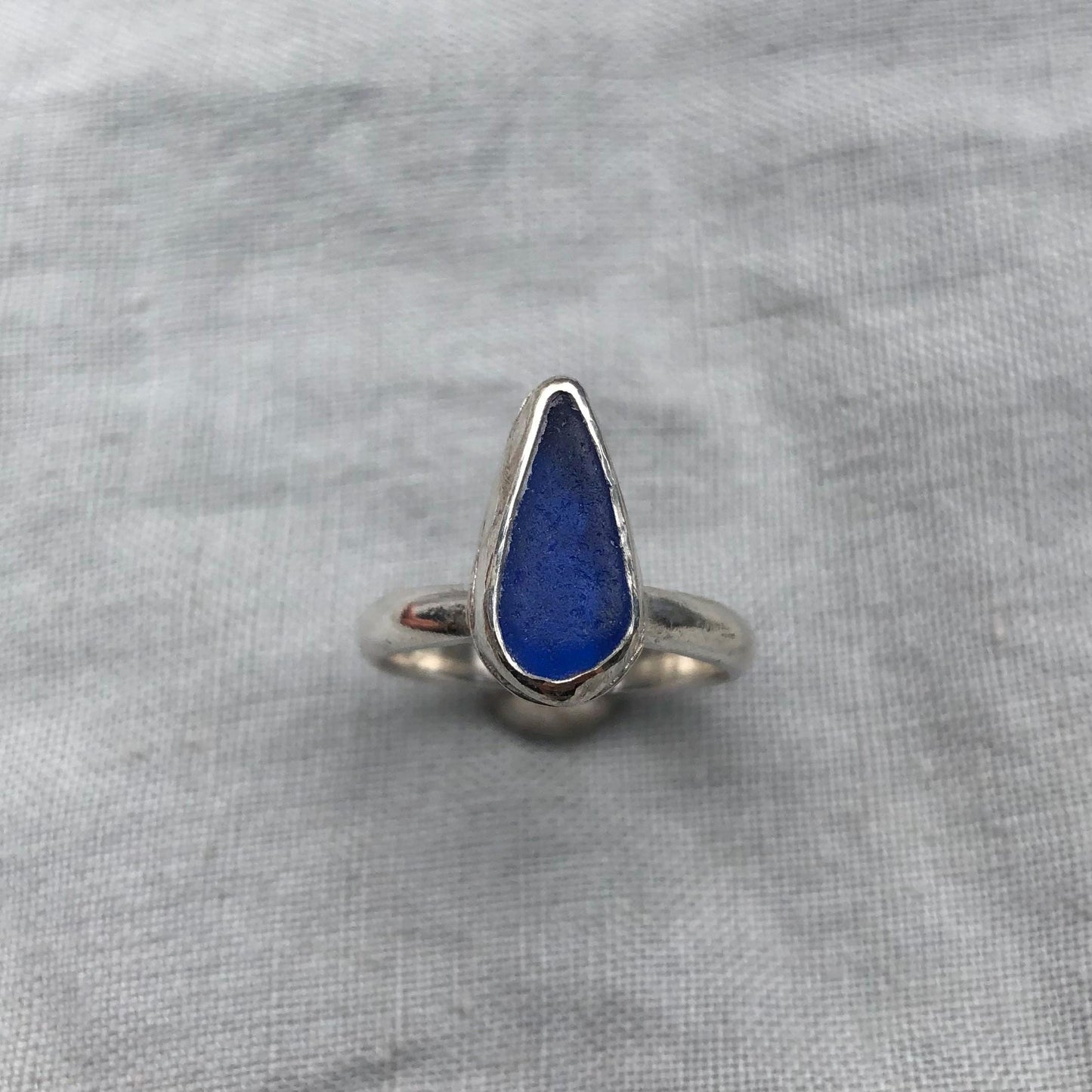 Blue sea glass ring in argentium sterling silver // Found beach glass ring // U.S. size 7
