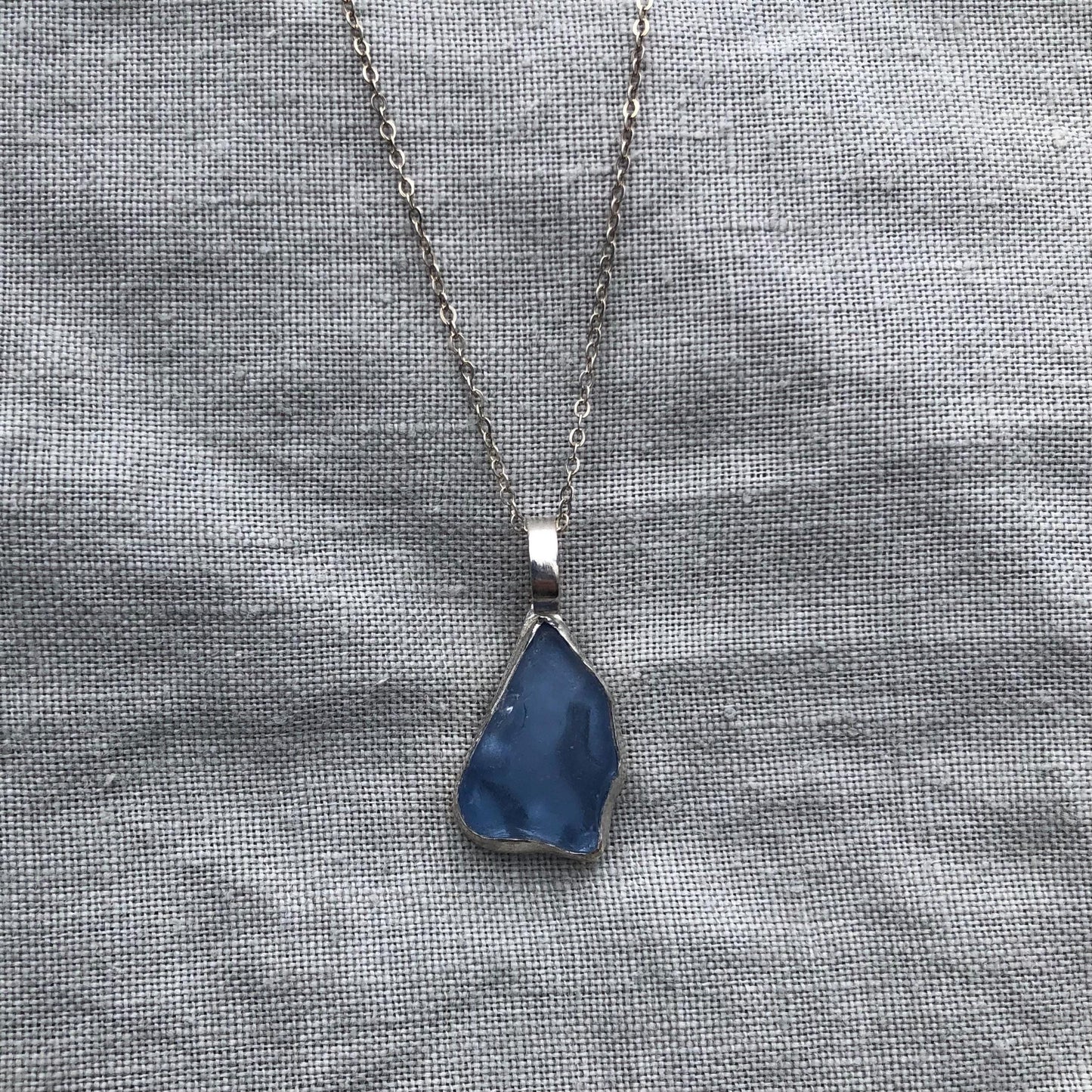 Light blue sea glass pendant in argentium sterling silver // Organic genuine beach glass necklace