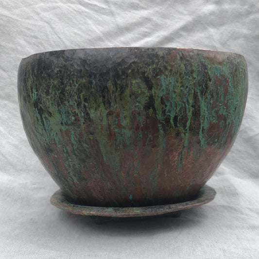 Hammered copper jardiniere with saucer // Verdigris patina planter