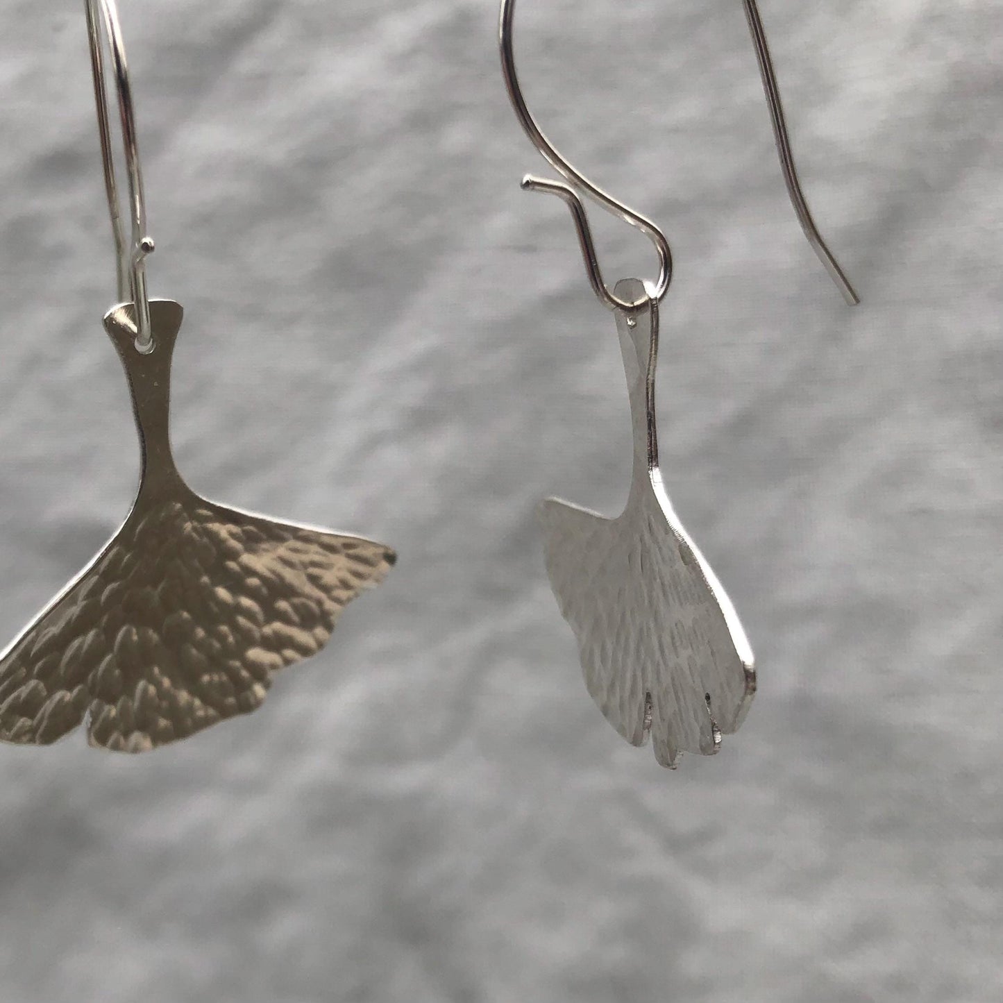 Ginkgo leaf earrings in hammered argentium sterling silver // Botanical earrings
