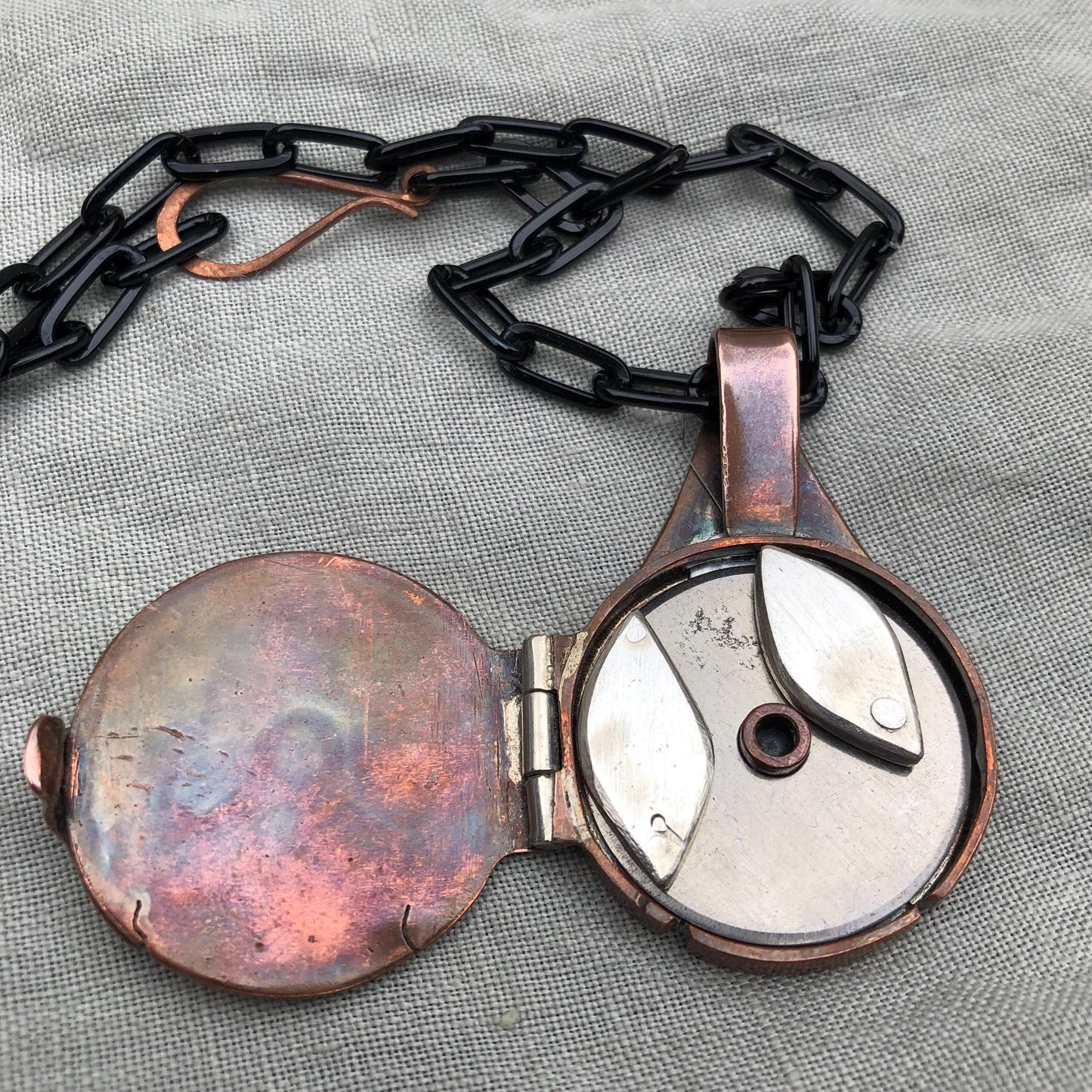 Fiber Artist's Locket in copper with an anodized aluminum chain