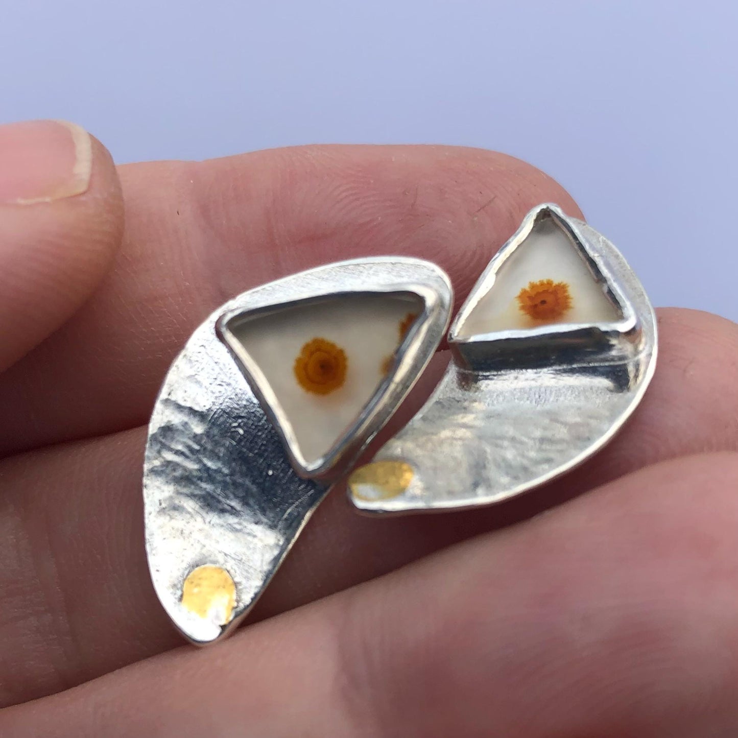 Mixed-metal dendritic agate earrings in argentium sterling silver with 24 karat gold