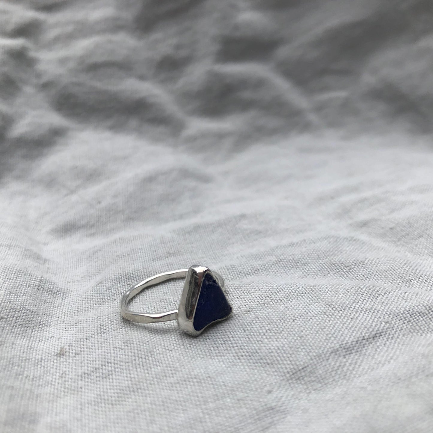 Electric blue sea glass ring in argentium sterling silver // Found beach glass ring // U.S. size 7 1/2