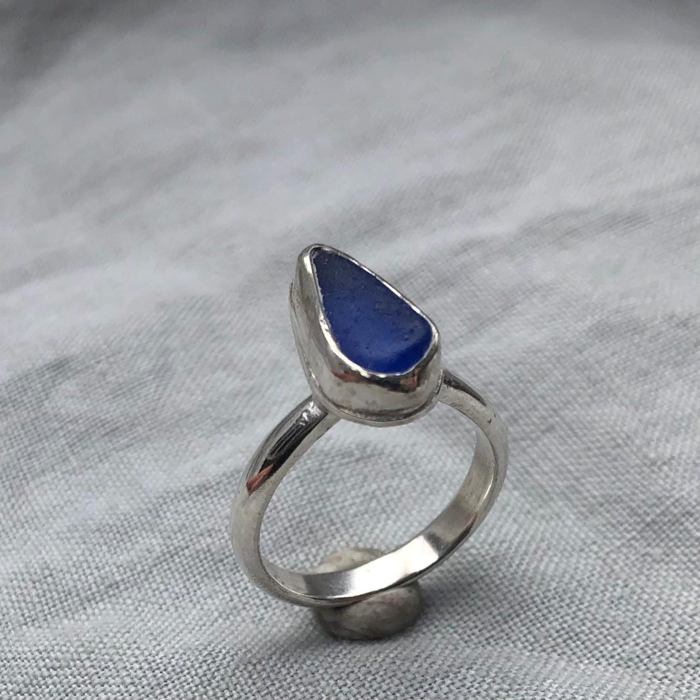 Blue sea glass ring in argentium sterling silver // Found beach glass ring // U.S. size 7