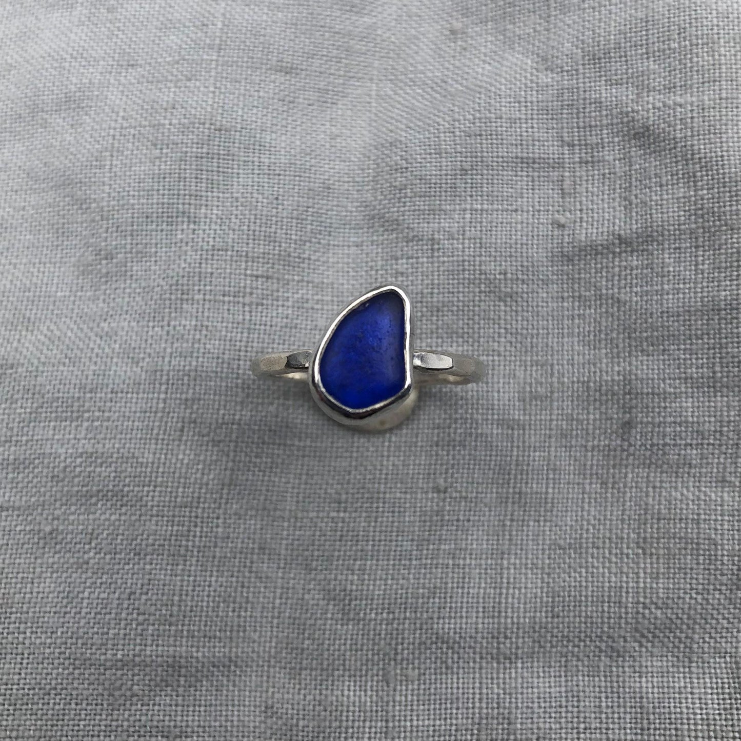 Electric blue sea glass ring in argentium sterling silver // Found beach glass ring // U.S. size 6 1/2
